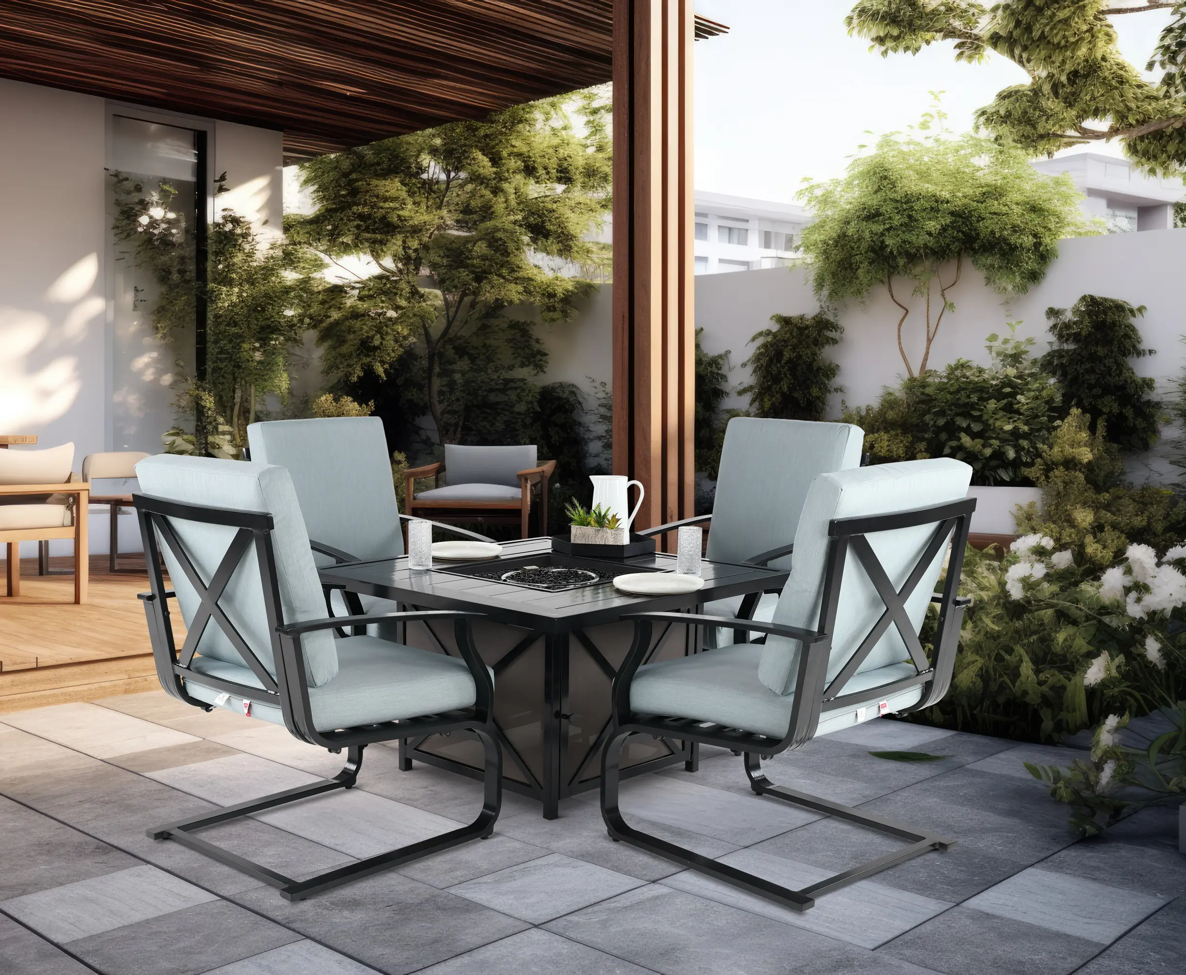 Sea Breeze 5 Piece Blue and Black Patio Fire Pit Set-9