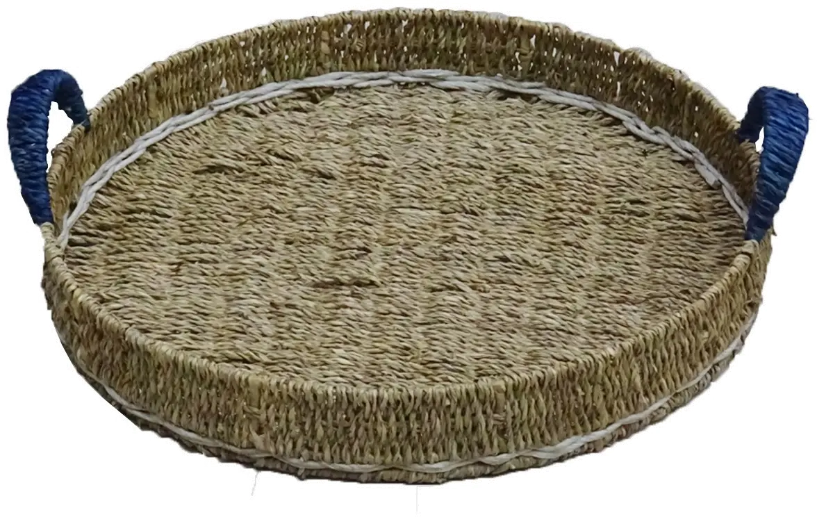 Brown Round Seagrass Tray with Blue Handles-1
