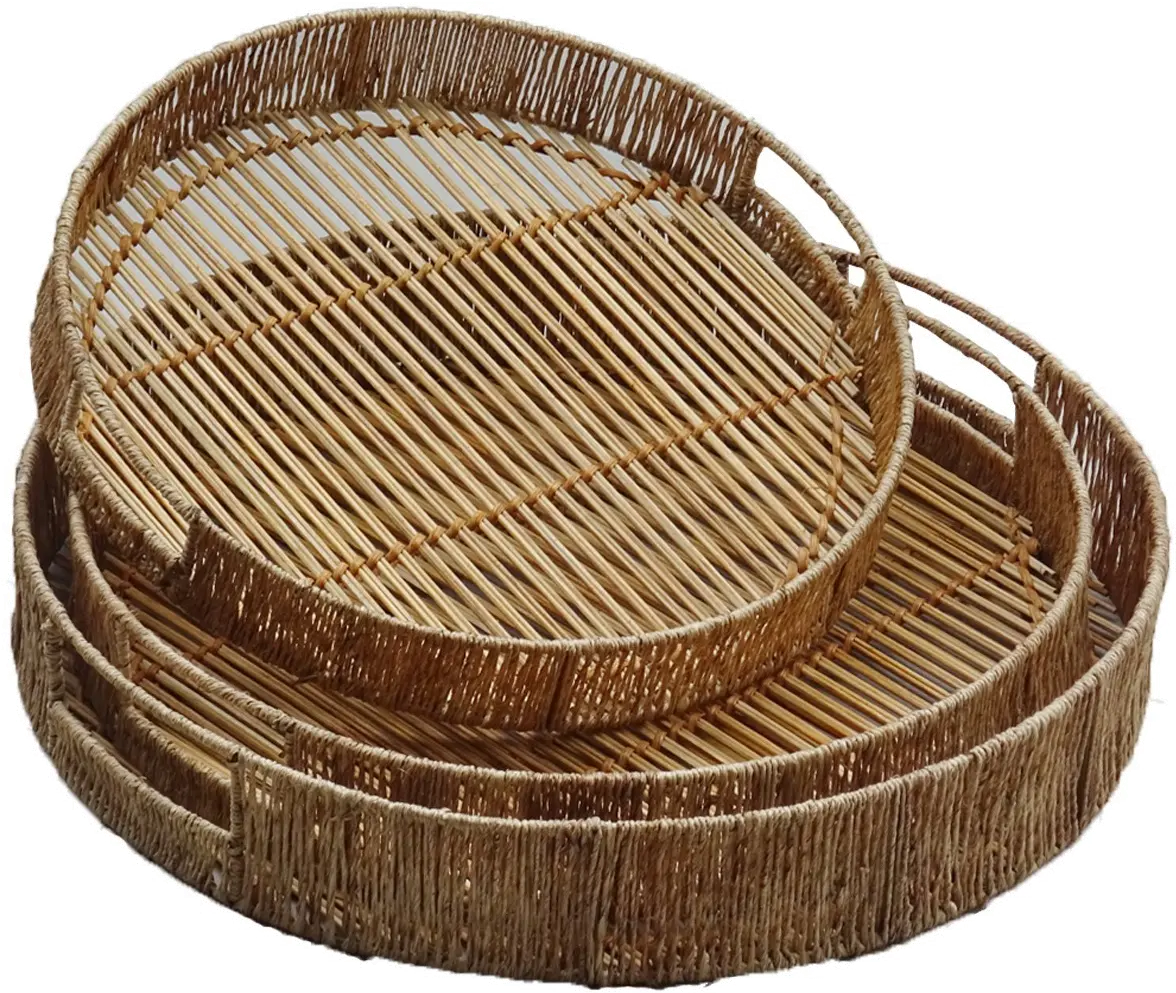 15  Brown Round Rattan Tray with Cut Out Handles-1