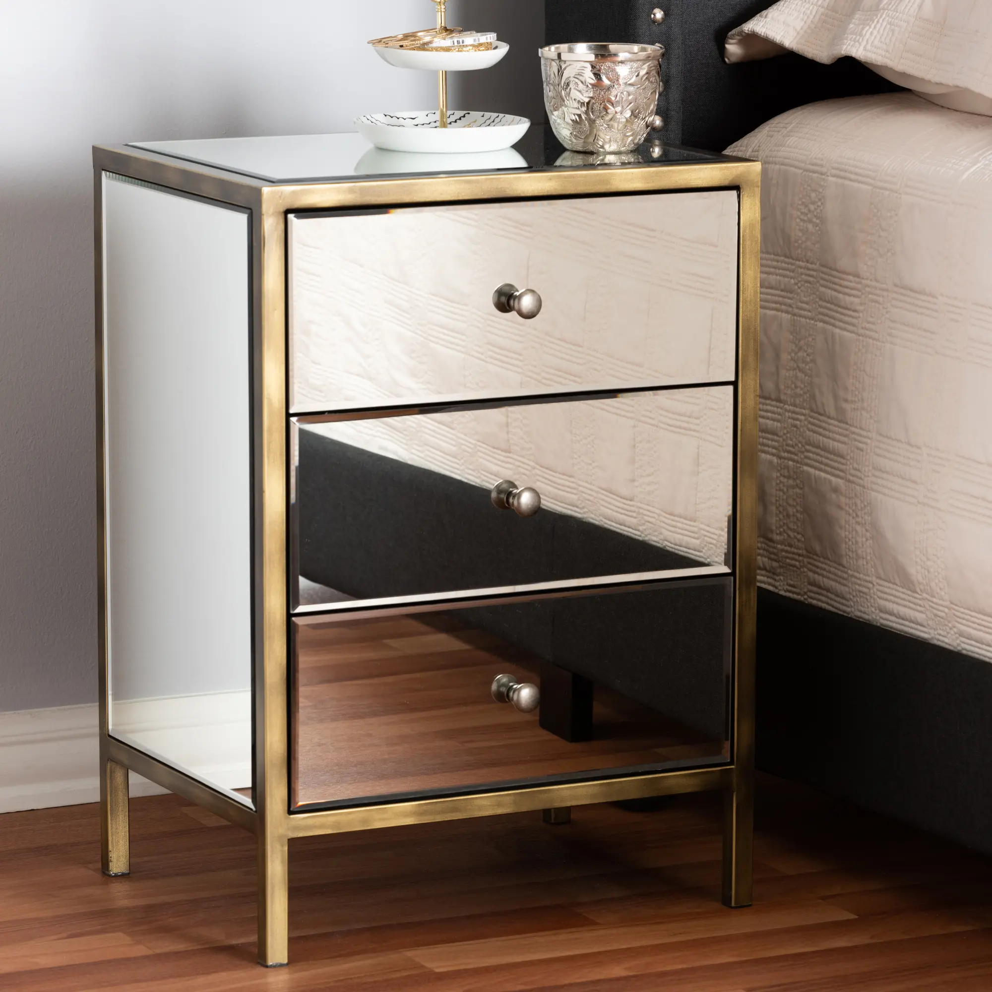 150-9055-RCW Contemporary Mirrored and Brass Nightstand - Dreda-2