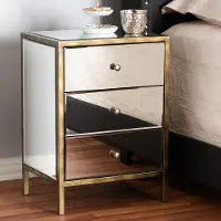 150-9055-RCW Contemporary Mirrored and Brass Nightstand - Dreda