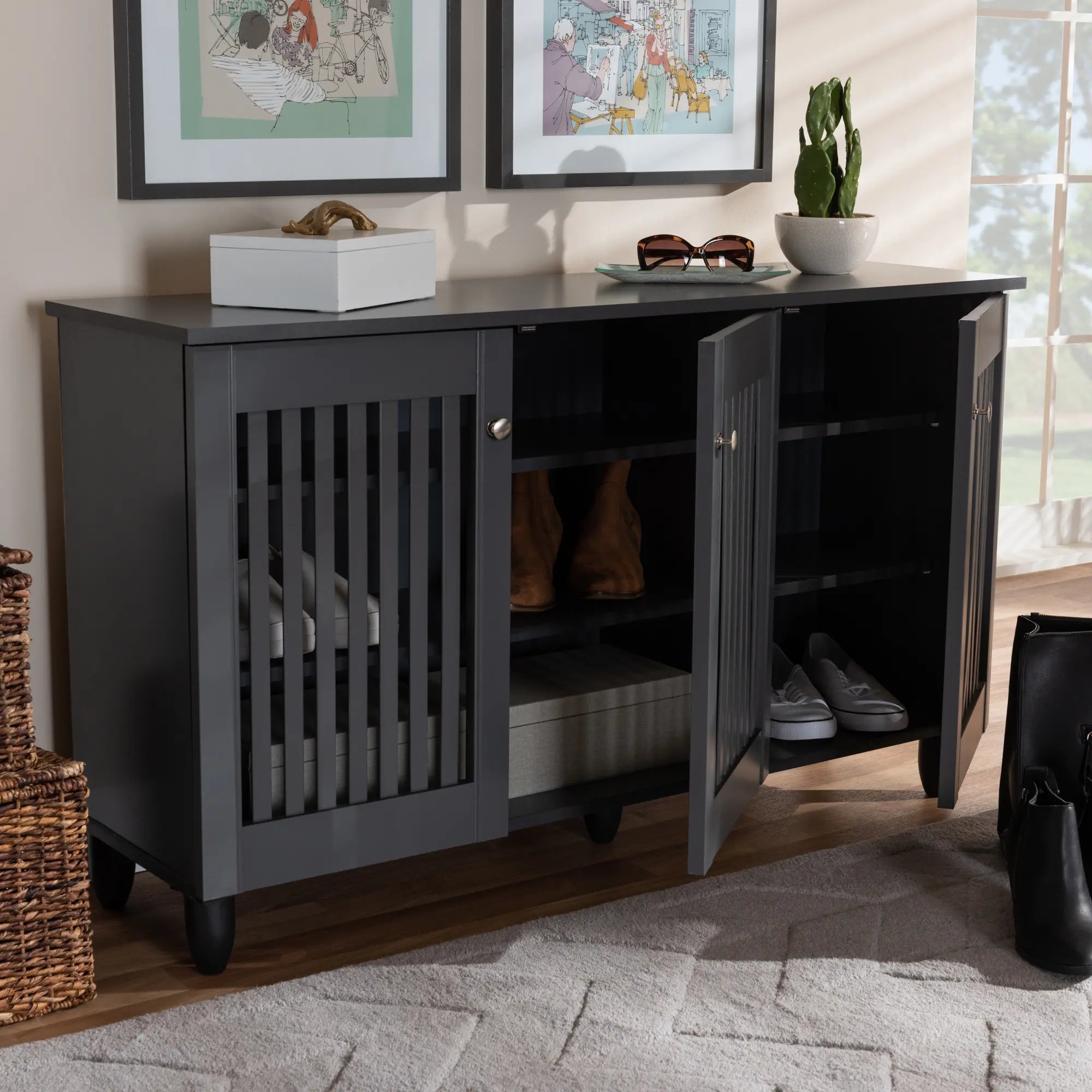 152-9166-RCW Modern Dark Gray 3 Door Entryway Shoe Storage Wide Cabinet - Sheenagh-2