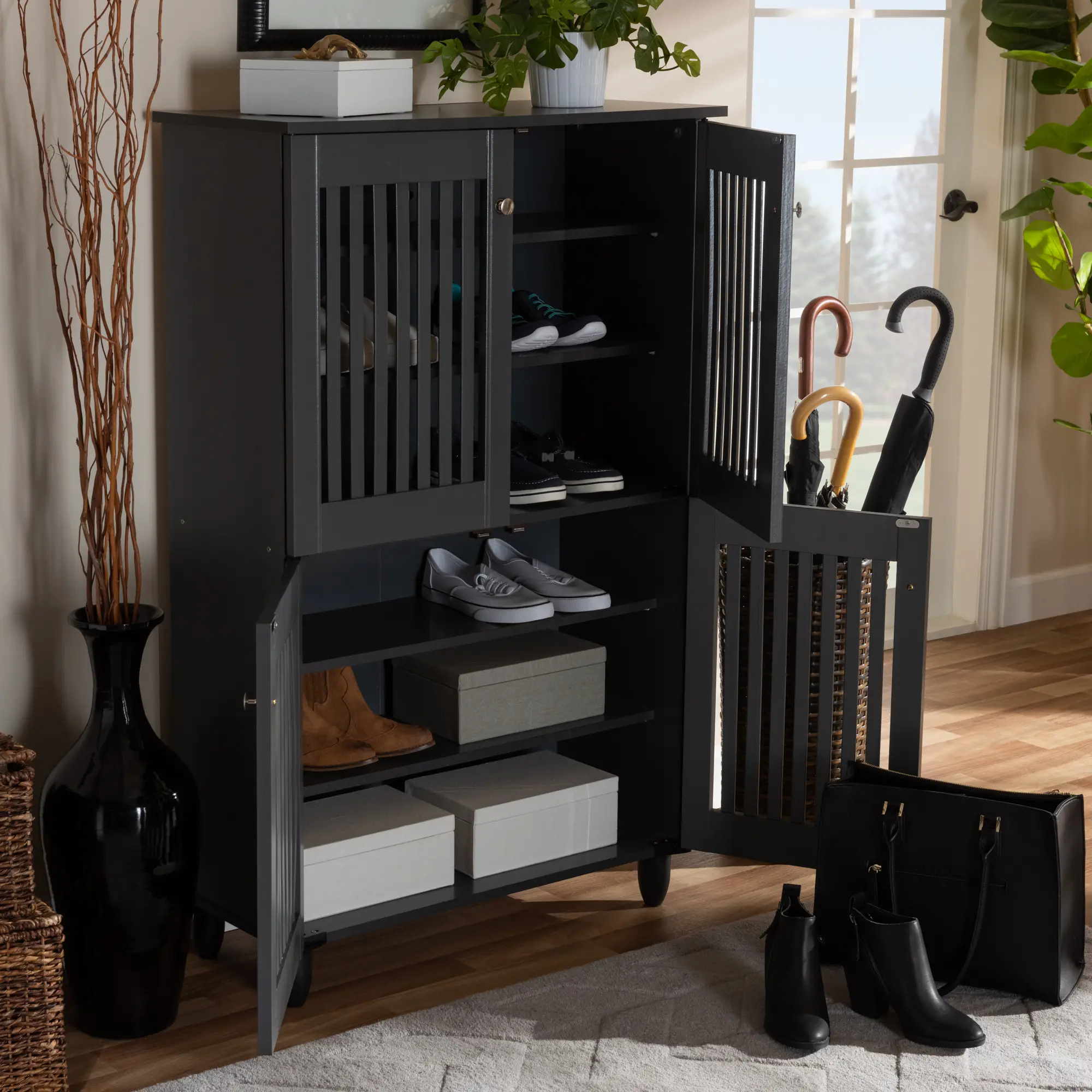 152-9169-RCW Modern Dark Gray 4 Door Entryway Shoe Storage Cabinet - Sheenagh-3