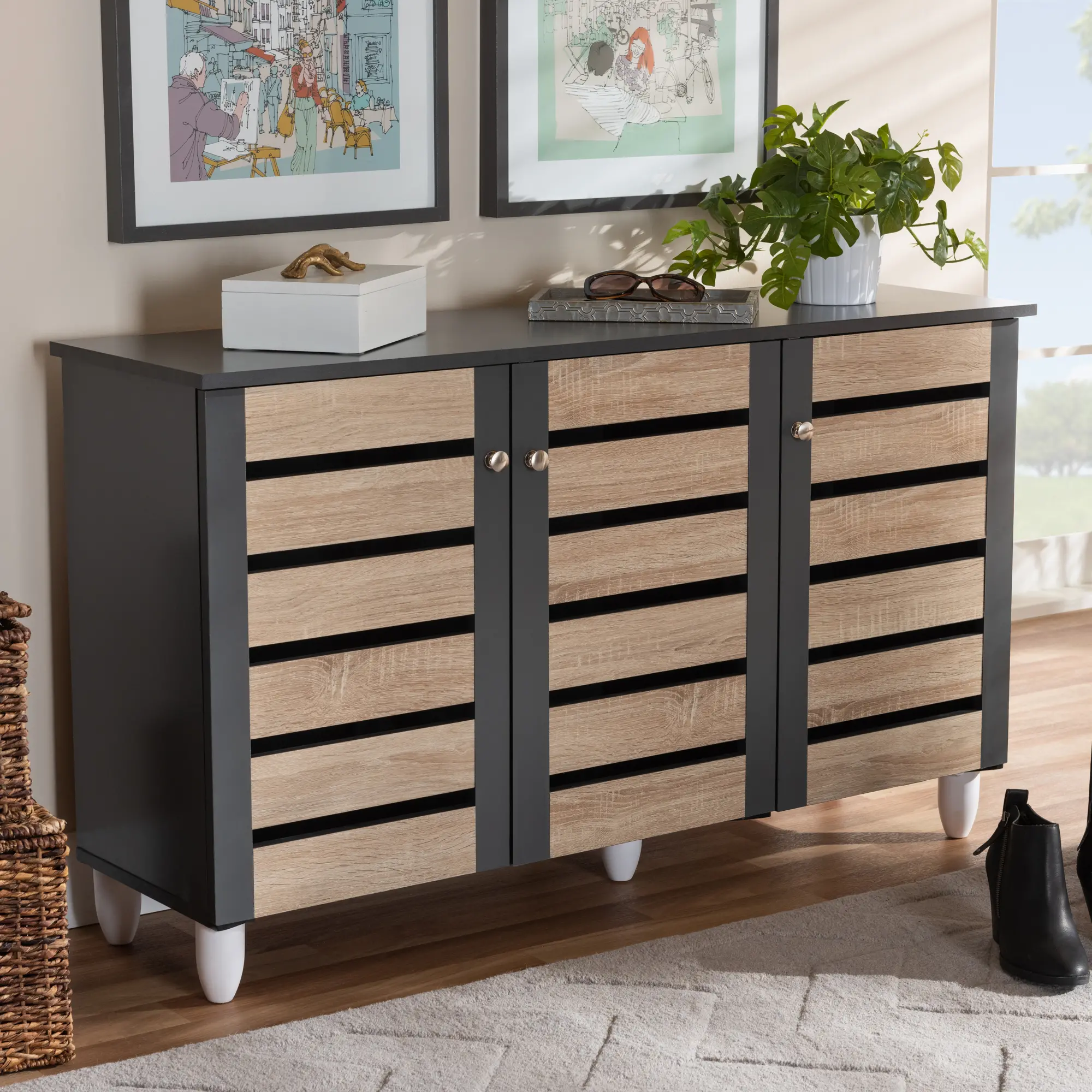 152-9173-RCW Modern Two Tone Oak and Dark Gray 3 Door Shoe Storage Cabinet - Thom-1