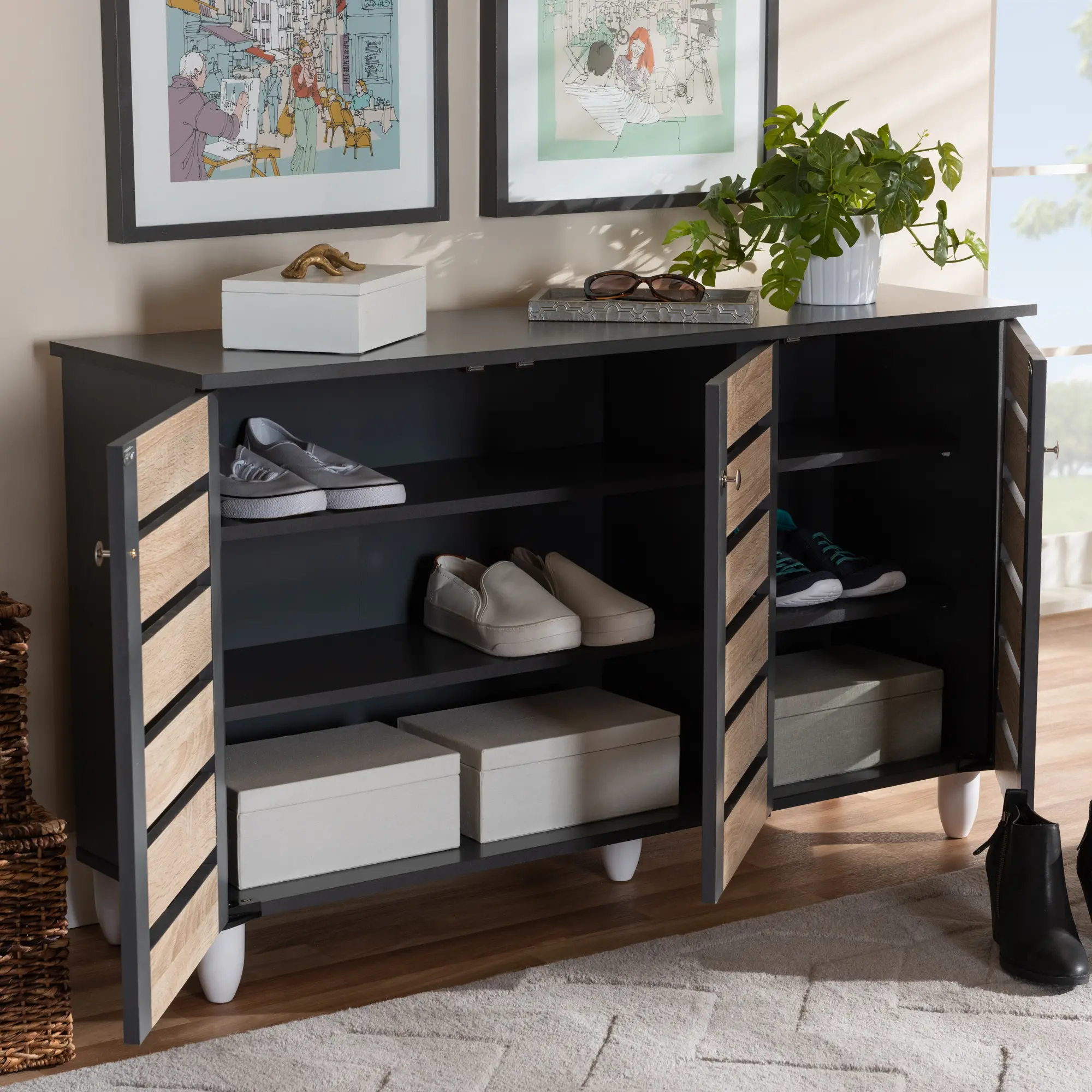 152-9173-RCW Modern Two Tone Oak and Dark Gray 3 Door Shoe Storage Cabinet - Thom-2