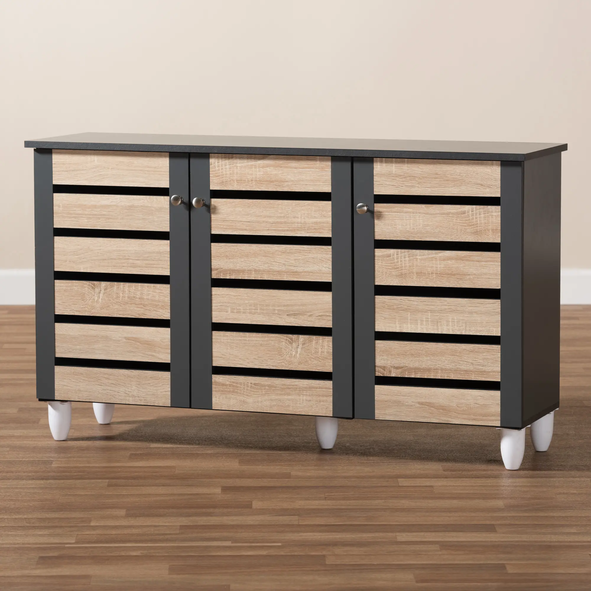 152-9173-RCW Modern Two Tone Oak and Dark Gray 3 Door Shoe Storage Cabinet - Thom-3