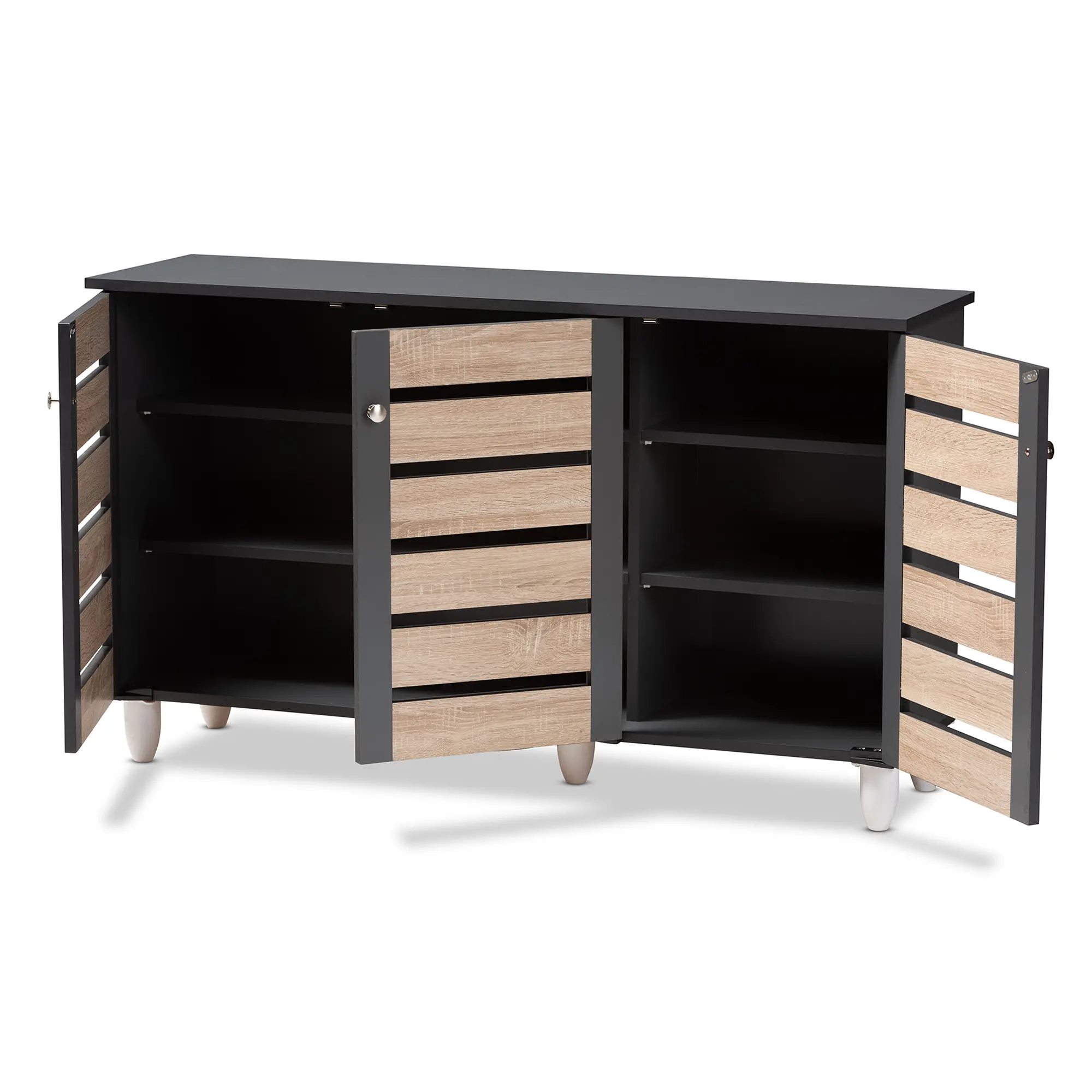 152-9173-RCW Modern Two Tone Oak and Dark Gray 3 Door Shoe Storage Cabinet - Thom-6