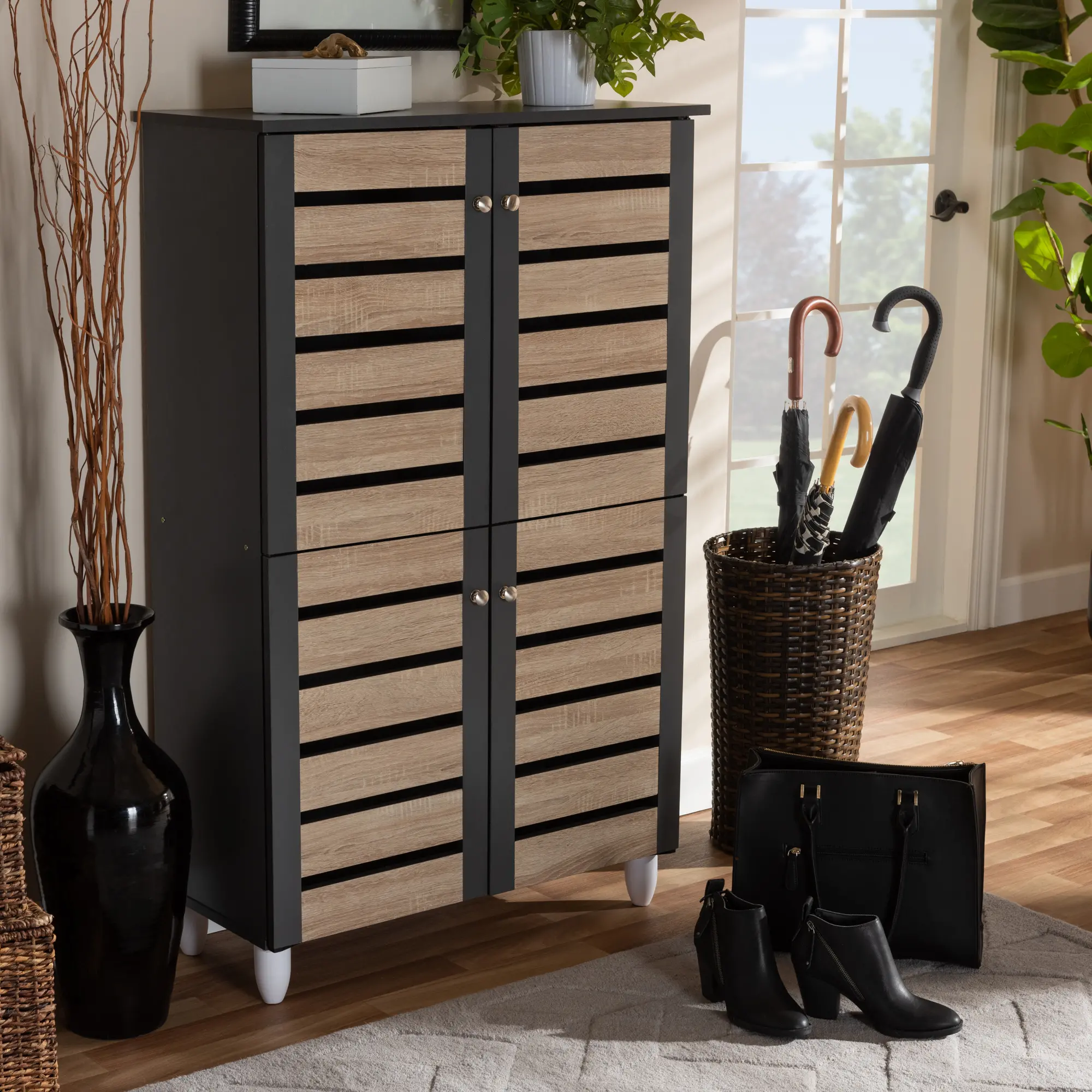 152-9174-RCW Modern Two Tone Oak and Dark Gray 4 Door Shoe Storage Cabinet - Thom-3