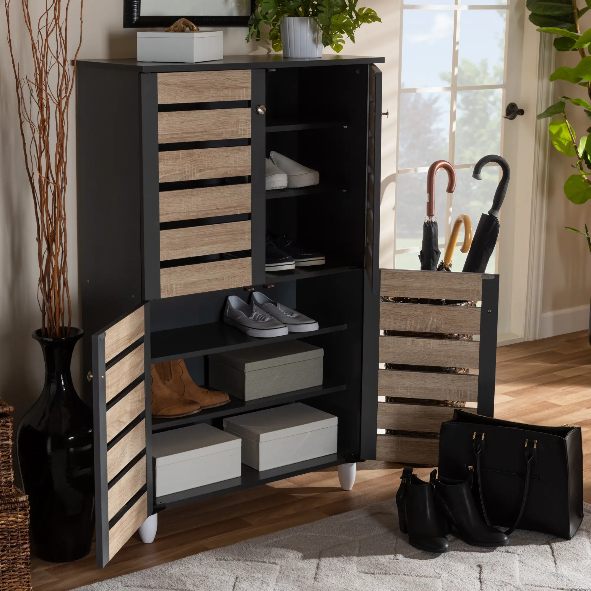 152-9174-RCW Modern Two Tone Oak and Dark Gray 4 Door Shoe Storage Cabinet - Thom-4