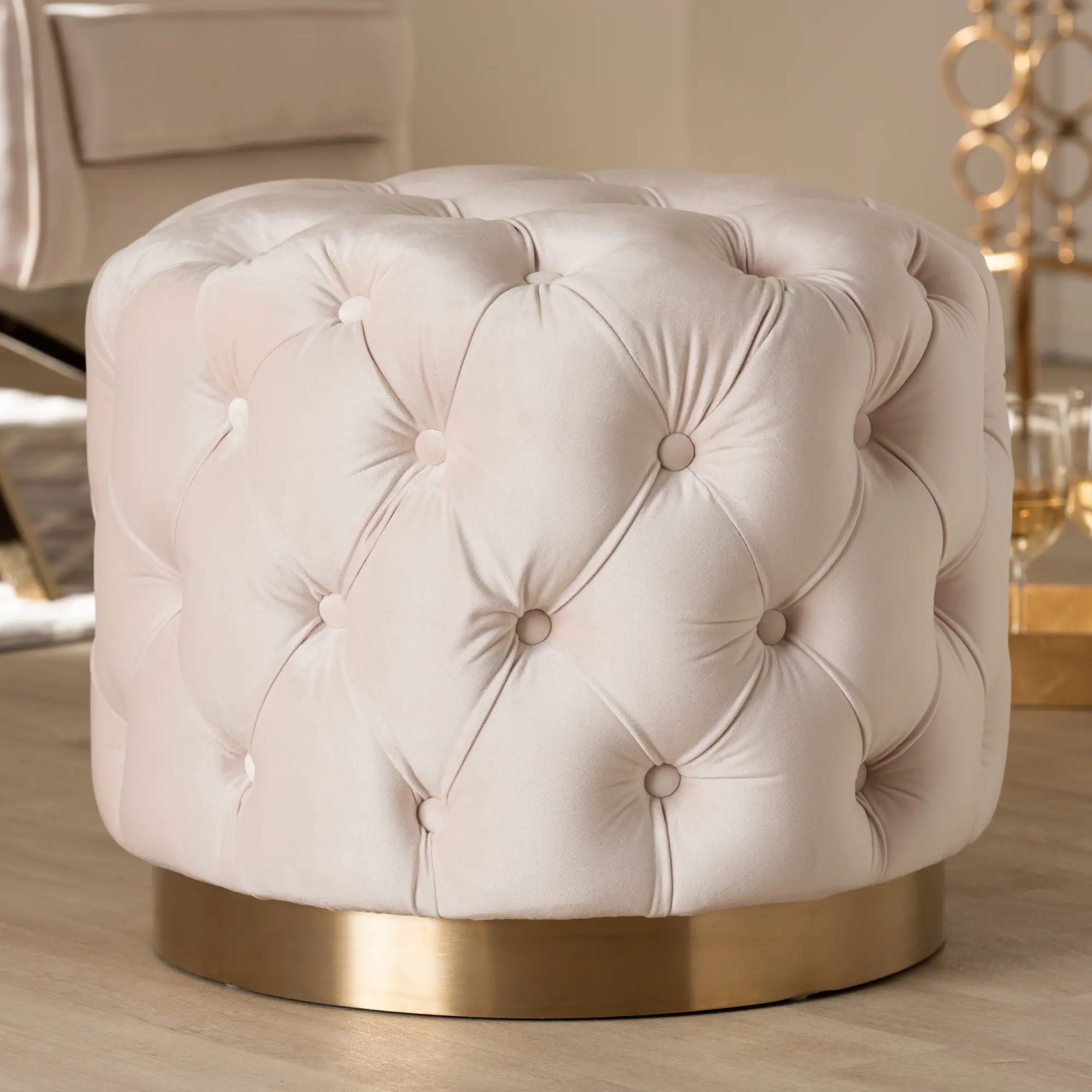 152-9379-RCW Glam Light Beige Velvet Tufted Ottoman - Dulcie-2