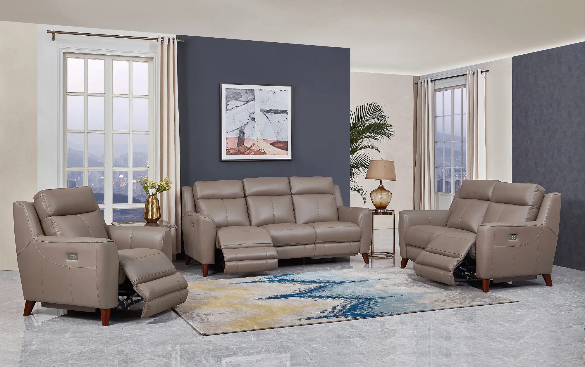 Fresno Taupe Leather 3 Piece Power Reclining Set-2
