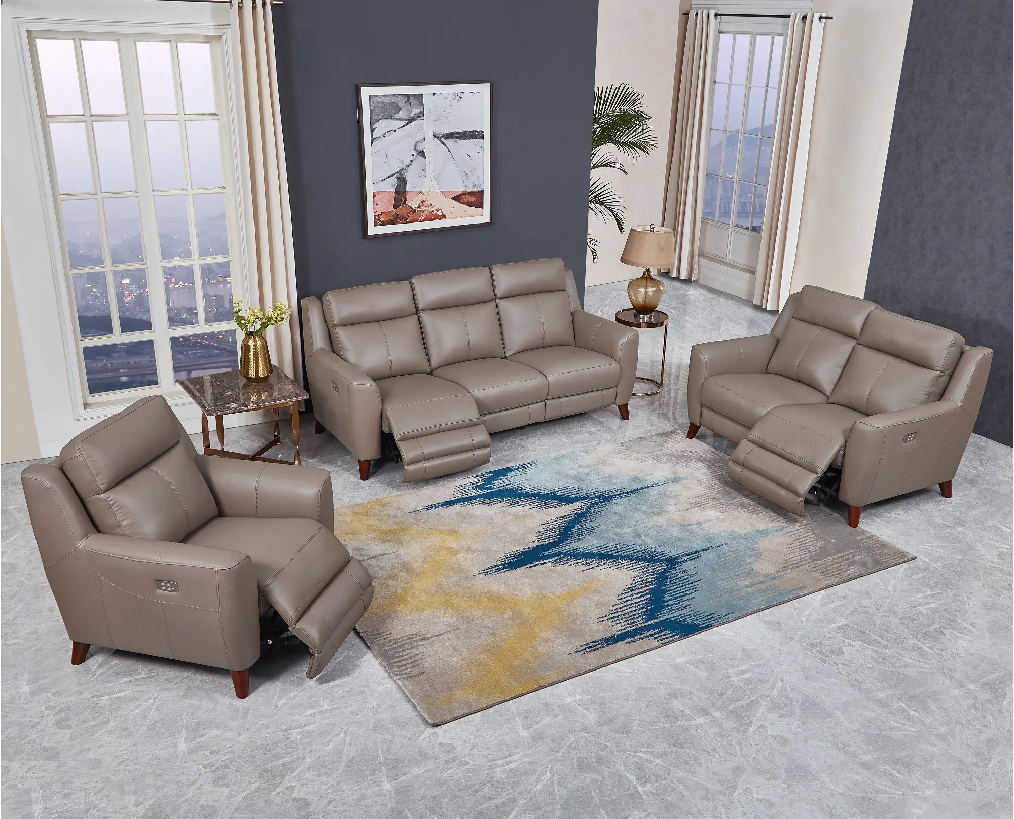 Fresno Taupe Leather 3 Piece Power Reclining Set-1
