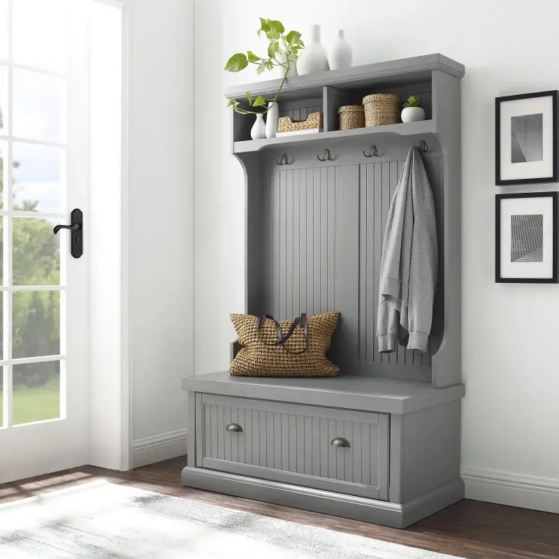 CF6006-GY Seaside Gray Distressed Hall Tree With Storage-1