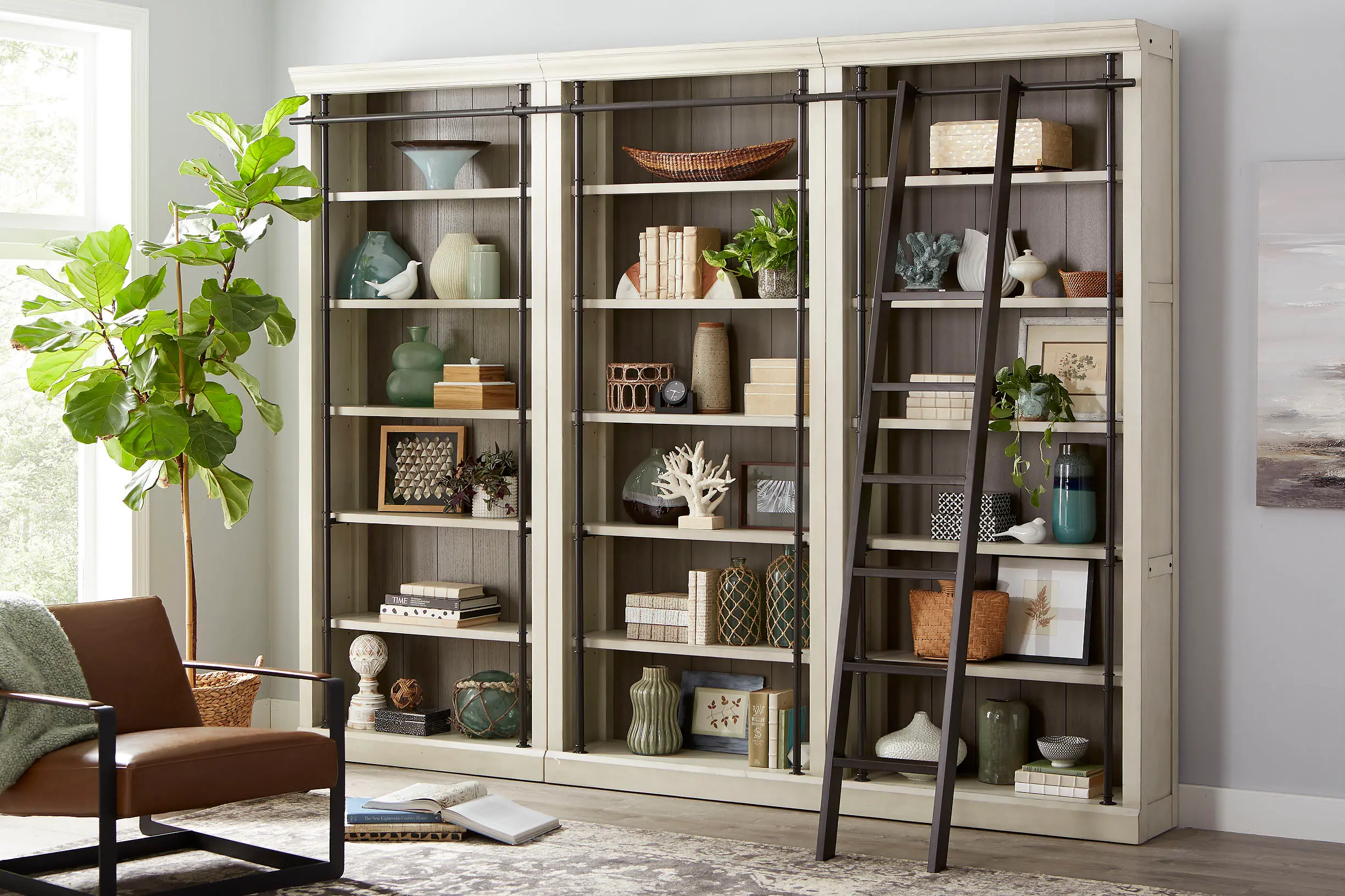Toulouse White 4 Piece Bookcase with Metal Ladder-2
