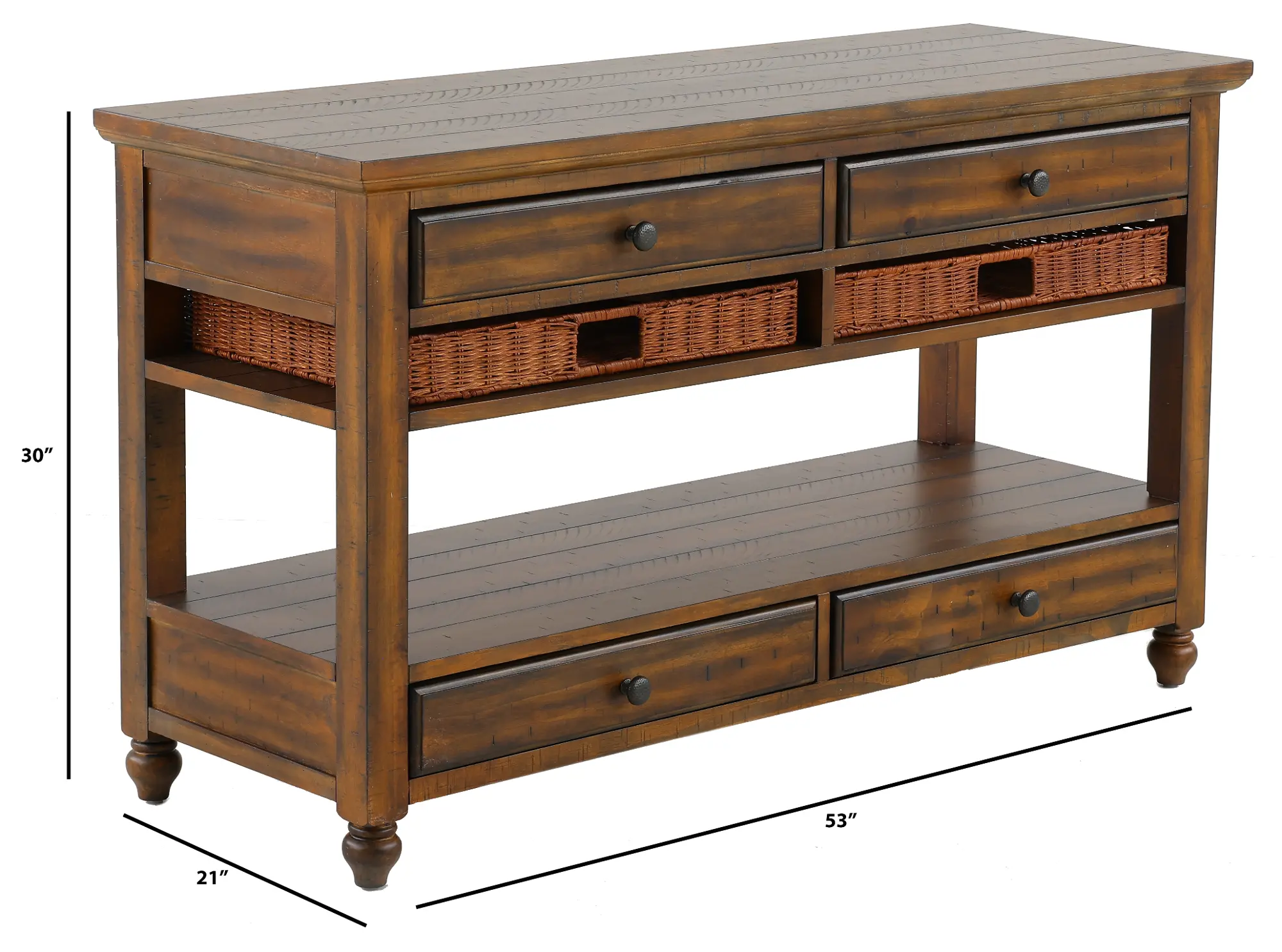 Long wooden console table with two wicker baskets and two drawers