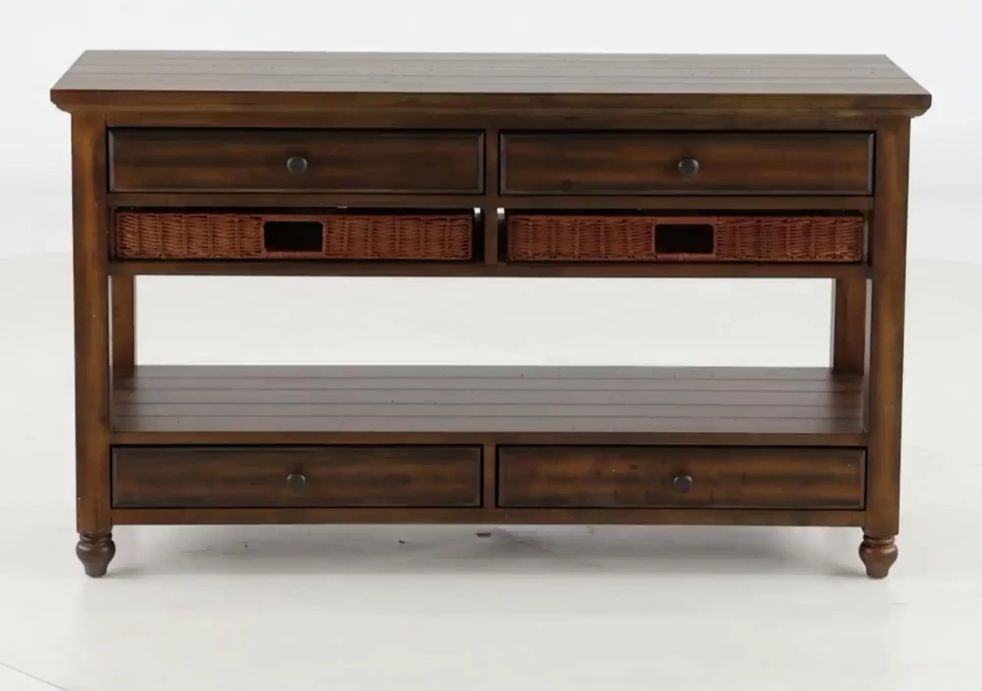 Dark wood console table with two small drawers on top and two larger bottom drawers, open shelf