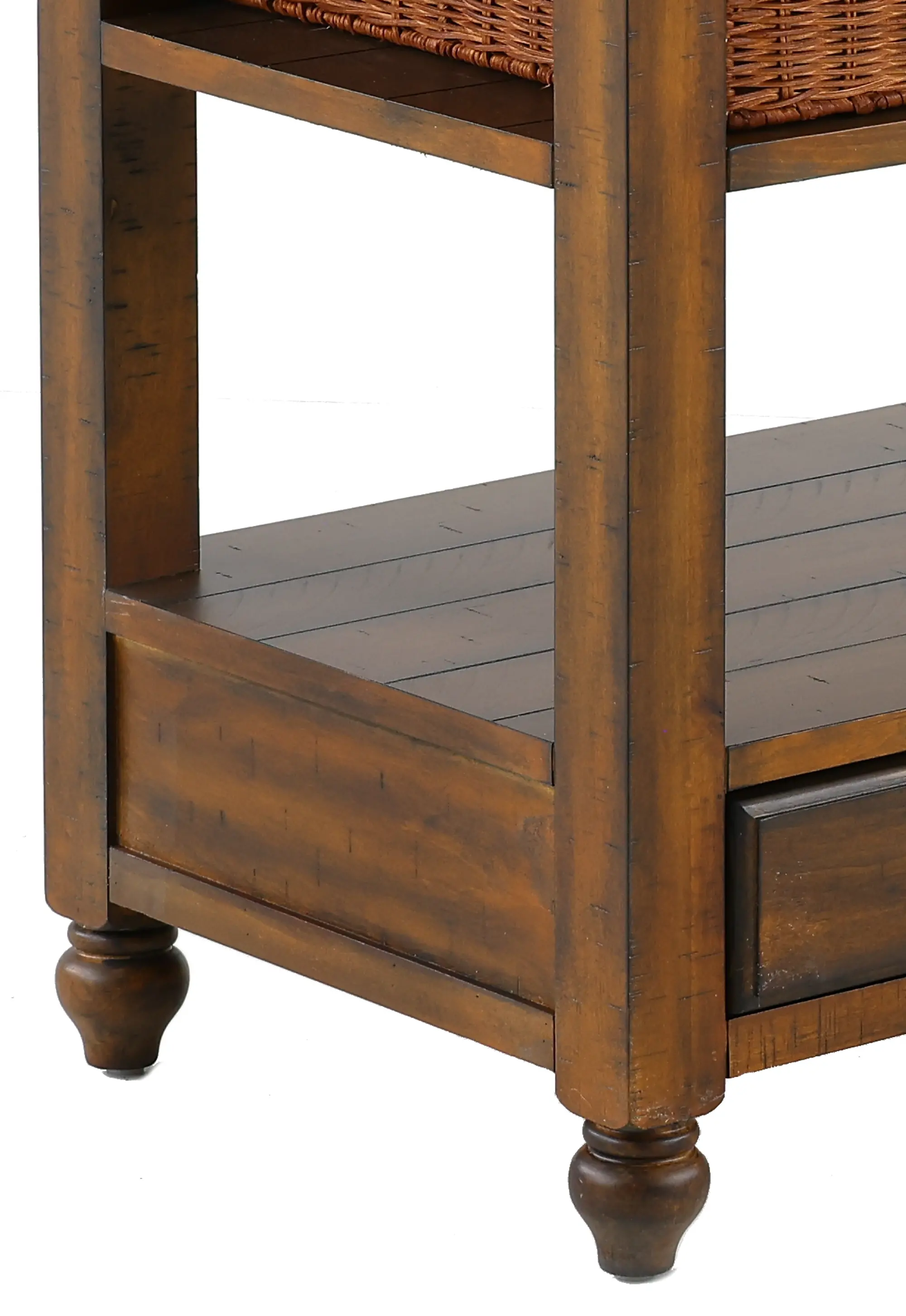 Wooden rustic storage console with multiple drawers and wicker baskets, dimensions shown