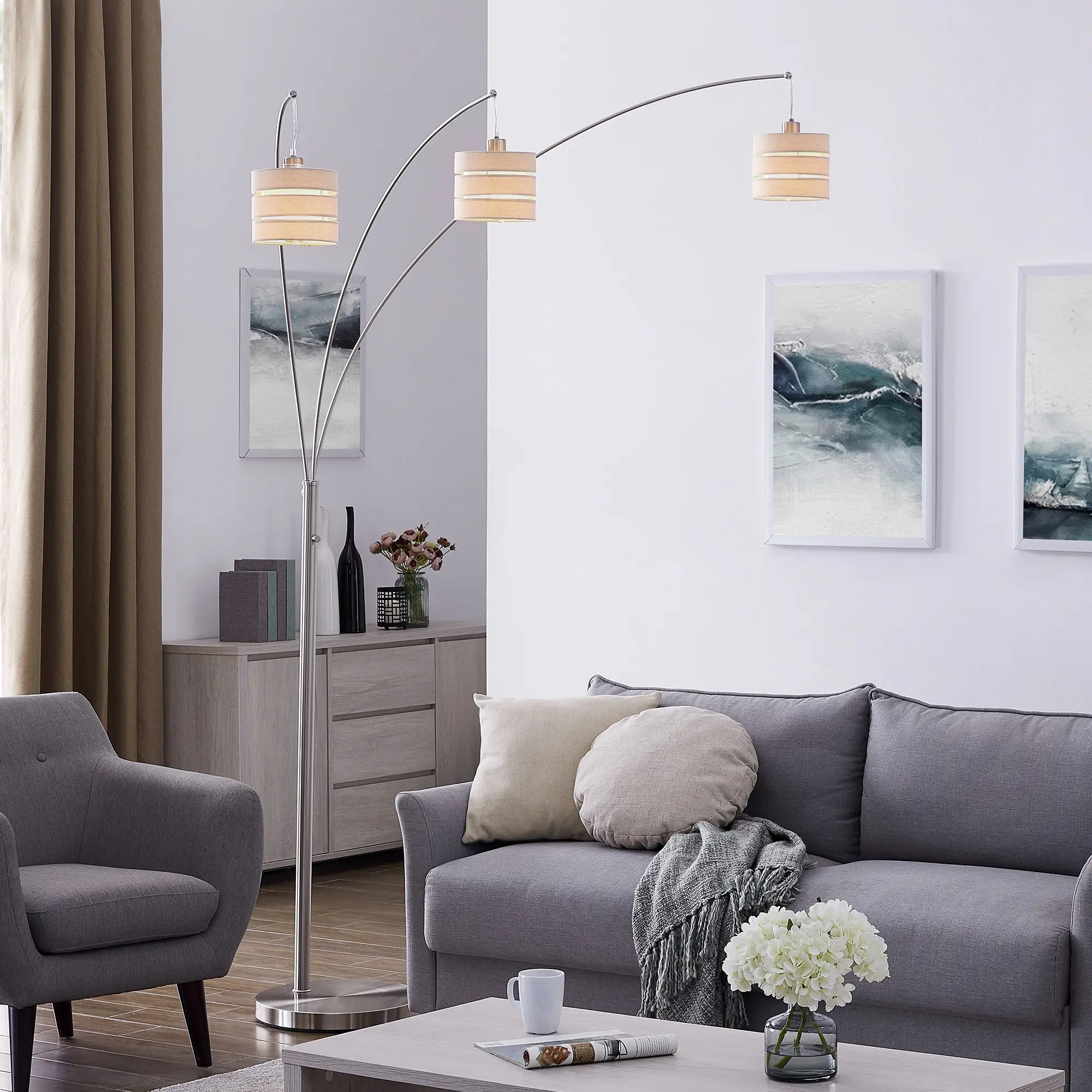 Brushed Nickel 3 Light Arch Floor Lamp - Falon-2