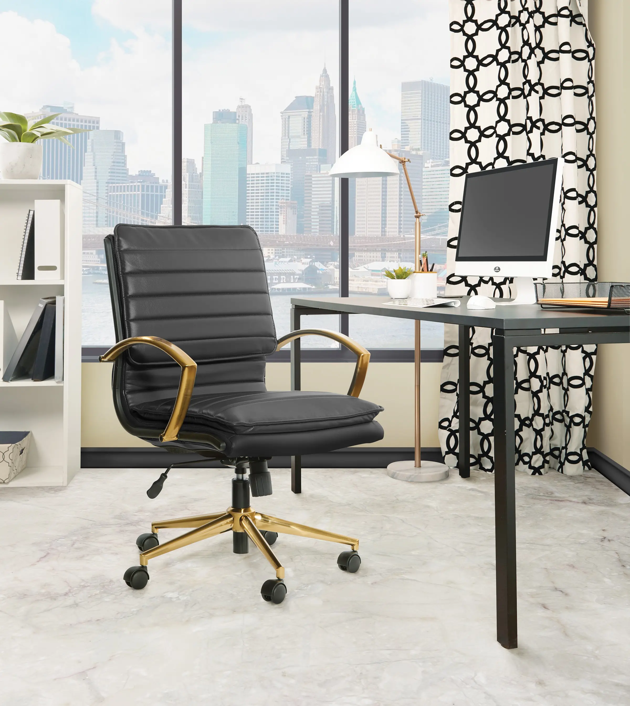 Mid-Back Faux Leather Black Office Chair-2
