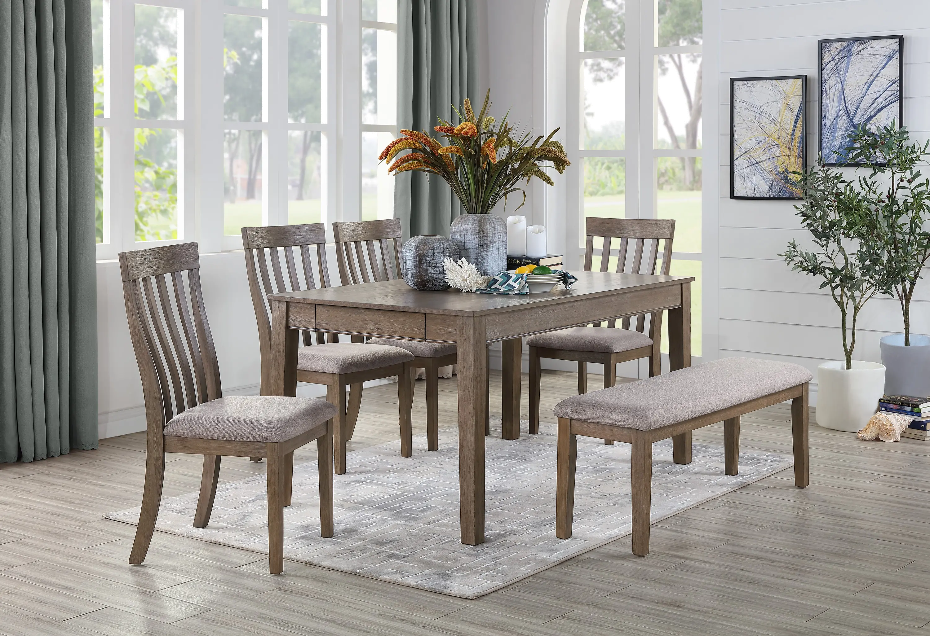 Brown Oak 6 Piece Dining Room Set with Bench - Alcott-1