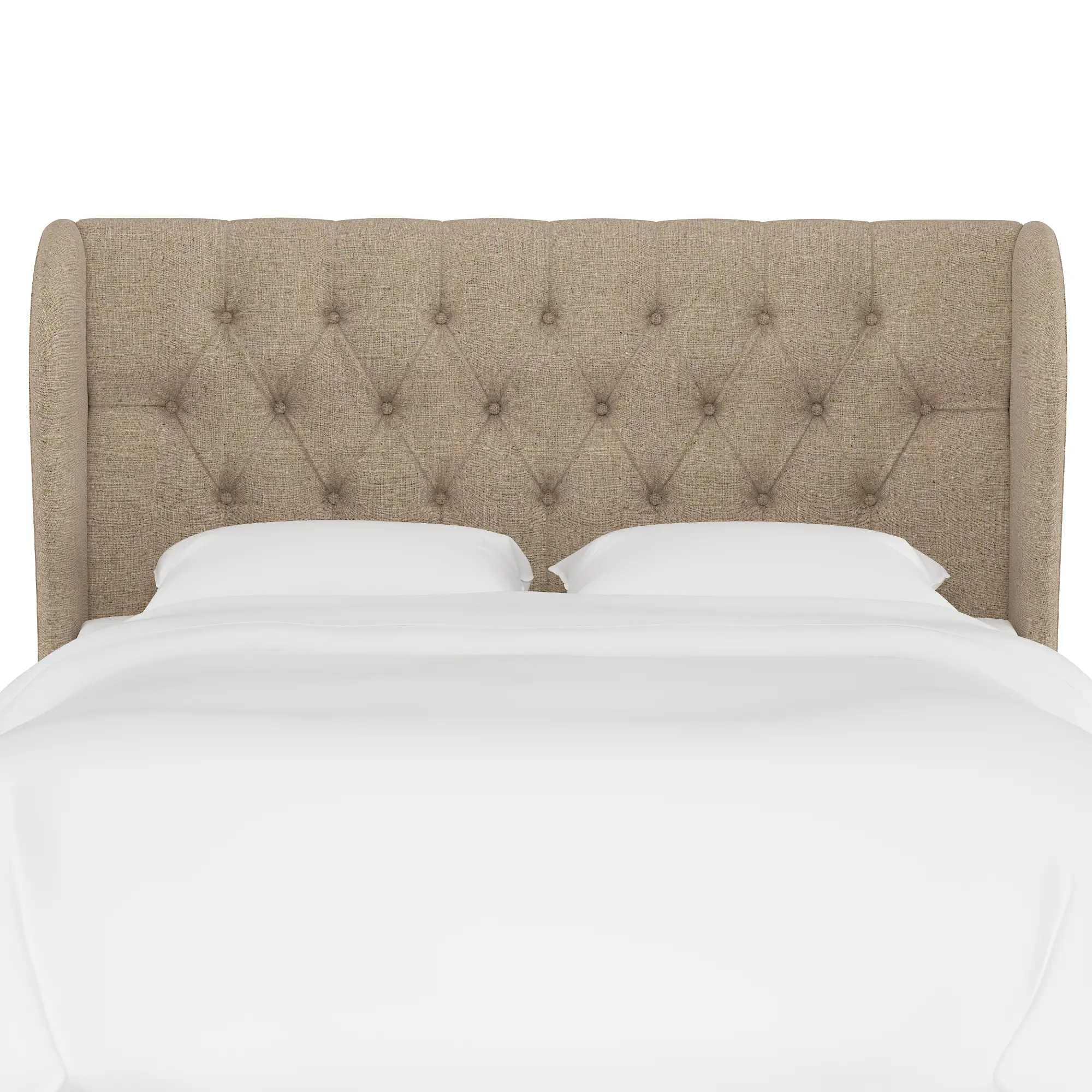 Right side profile of bed with white linens against a plain white background