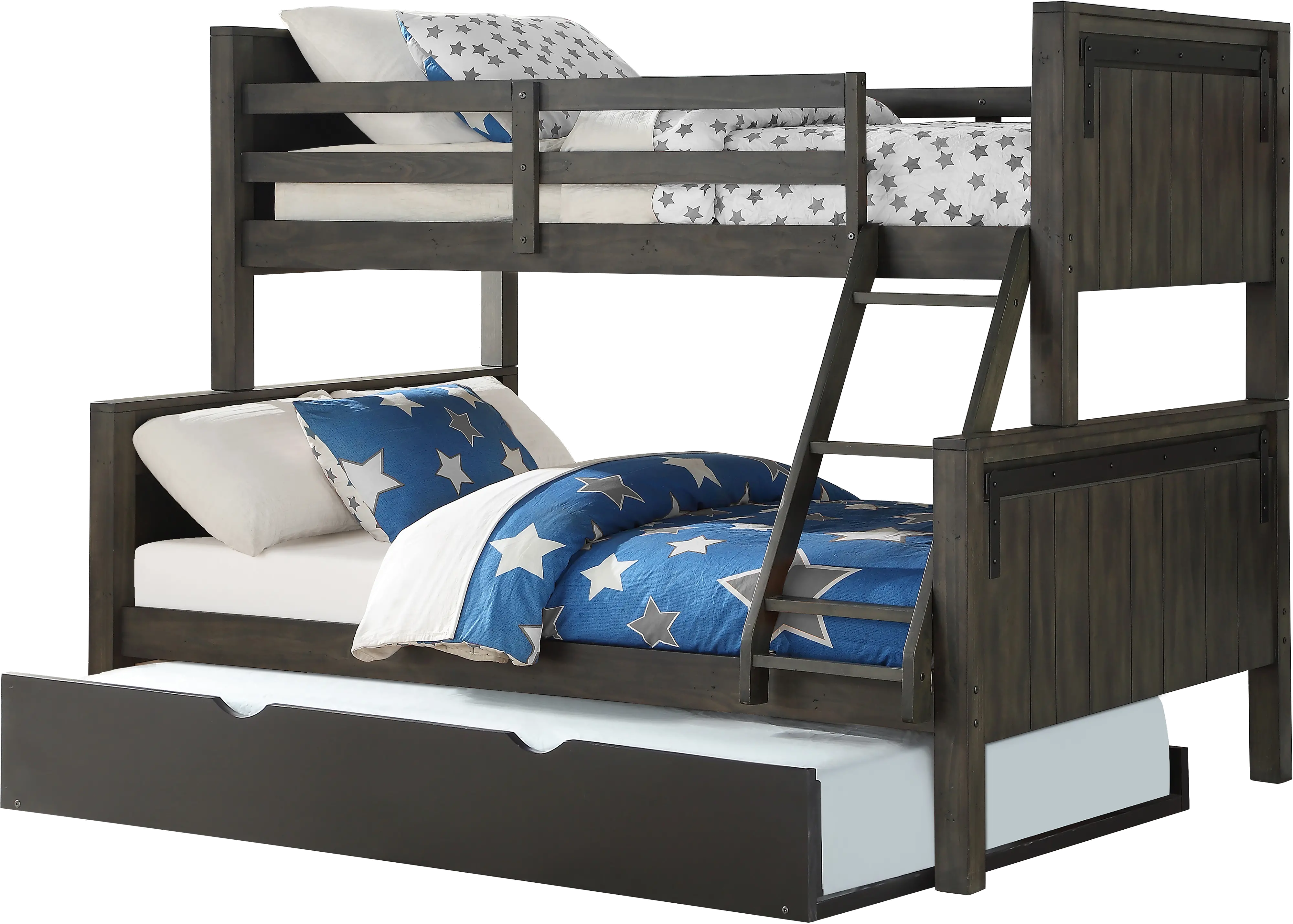 Gray Twin over Full Bunk Bed with Trundle - Barn Door-1
