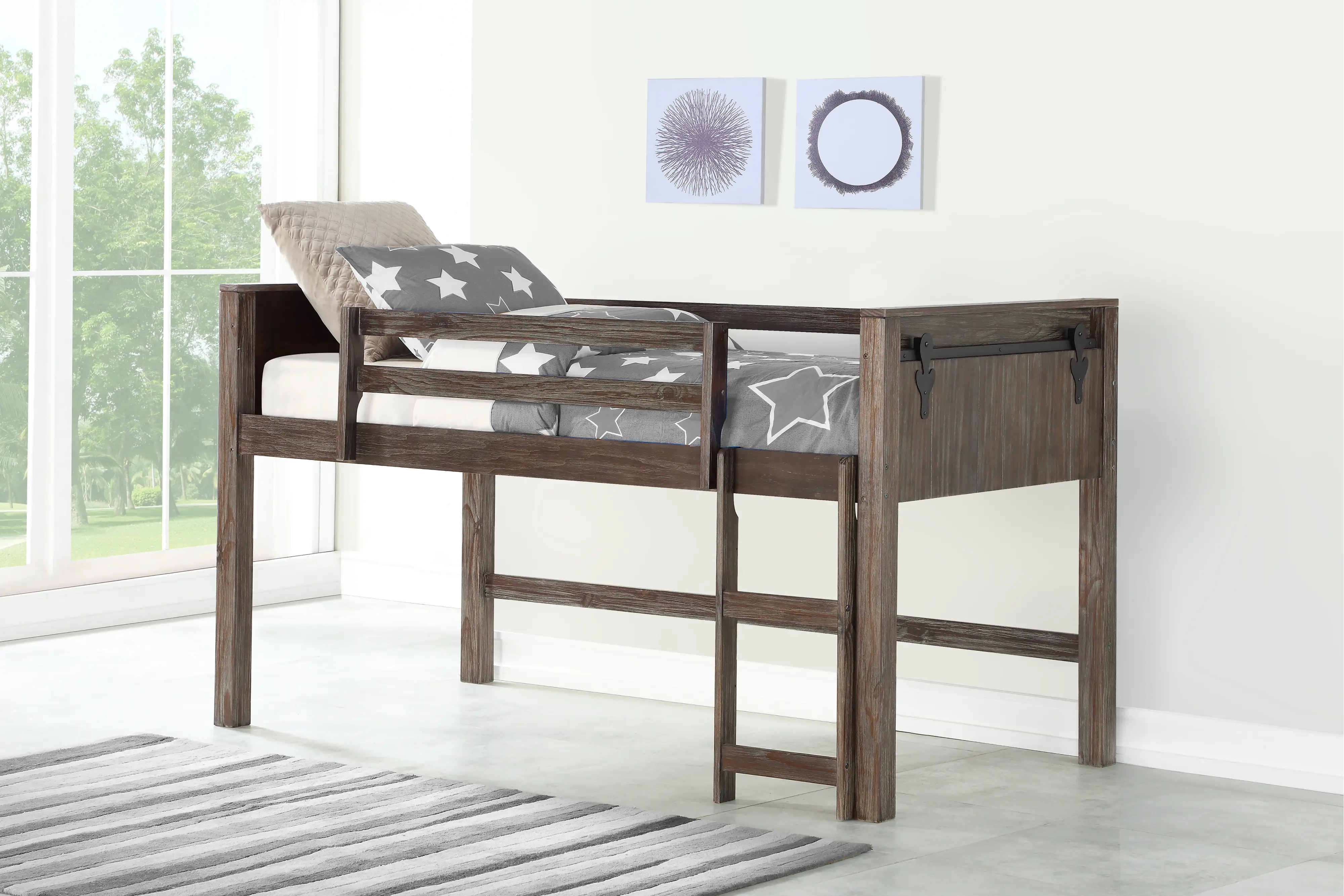 Farmhouse Brushed Brown Twin Low Loft Bed - Barn Door-2