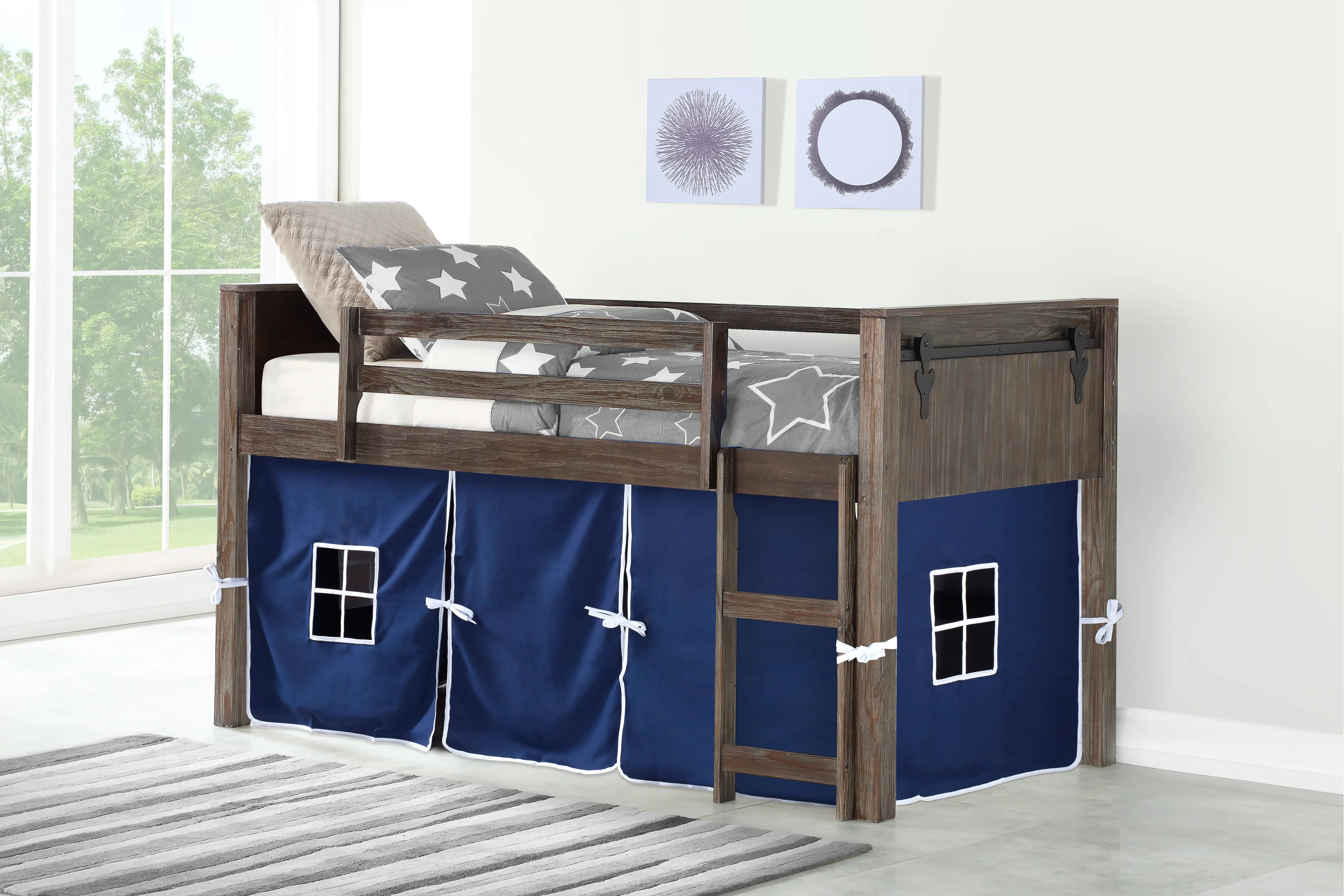 Brushed Brown Twin Loft Bed with Blue Tent - Barn Door-2