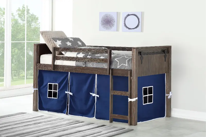 Brushed Brown Twin Loft Bed with Blue Tent - Barn Door