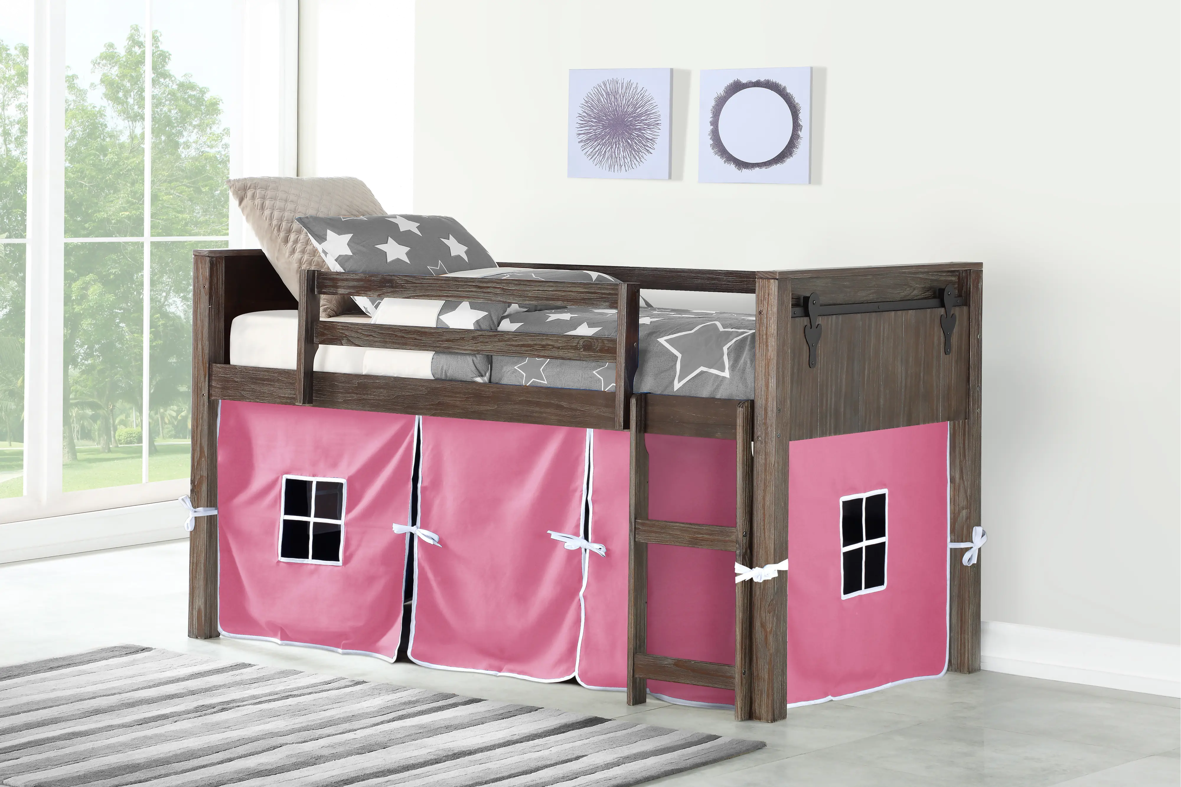 Brushed Brown Twin Loft Bed with Pink Tent - Barn Door-2