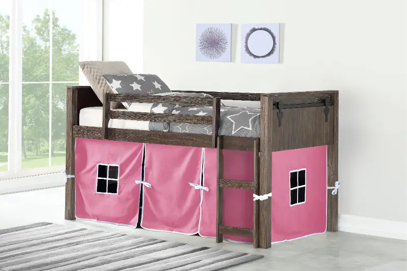 Brushed Brown Twin Loft Bed with Pink Tent - Barn Door