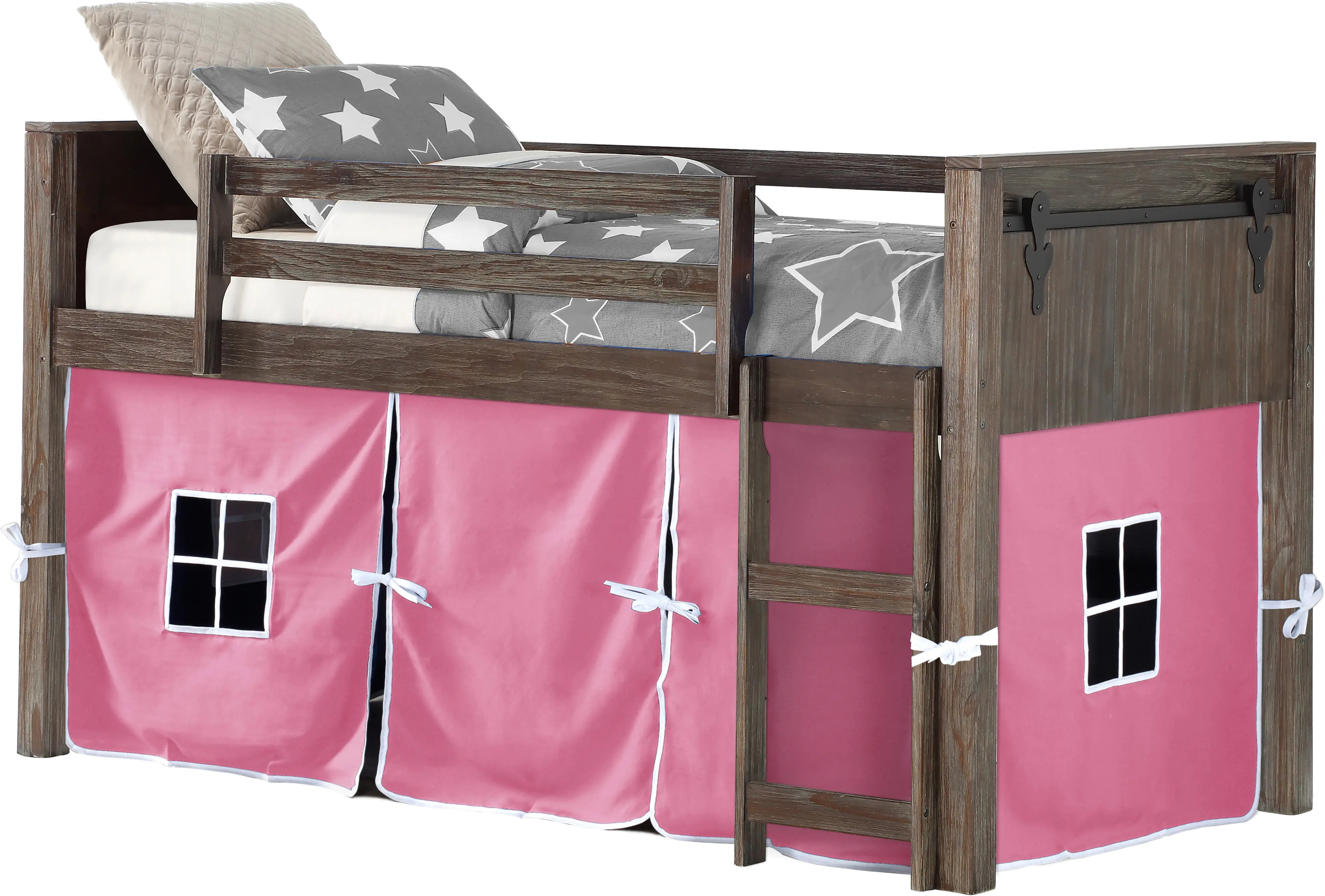Brushed Brown Twin Loft Bed with Pink Tent - Barn Door-1