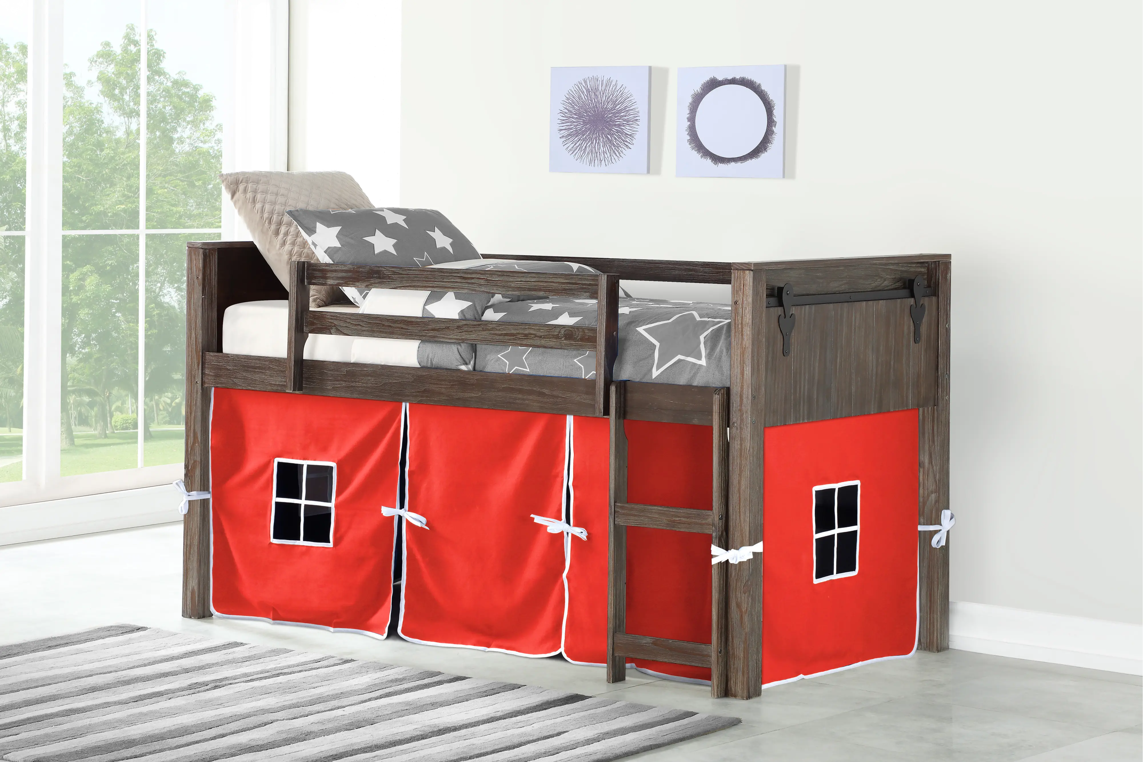 Brushed Brown Twin Loft Bed with Red Tent - Barn Door-2