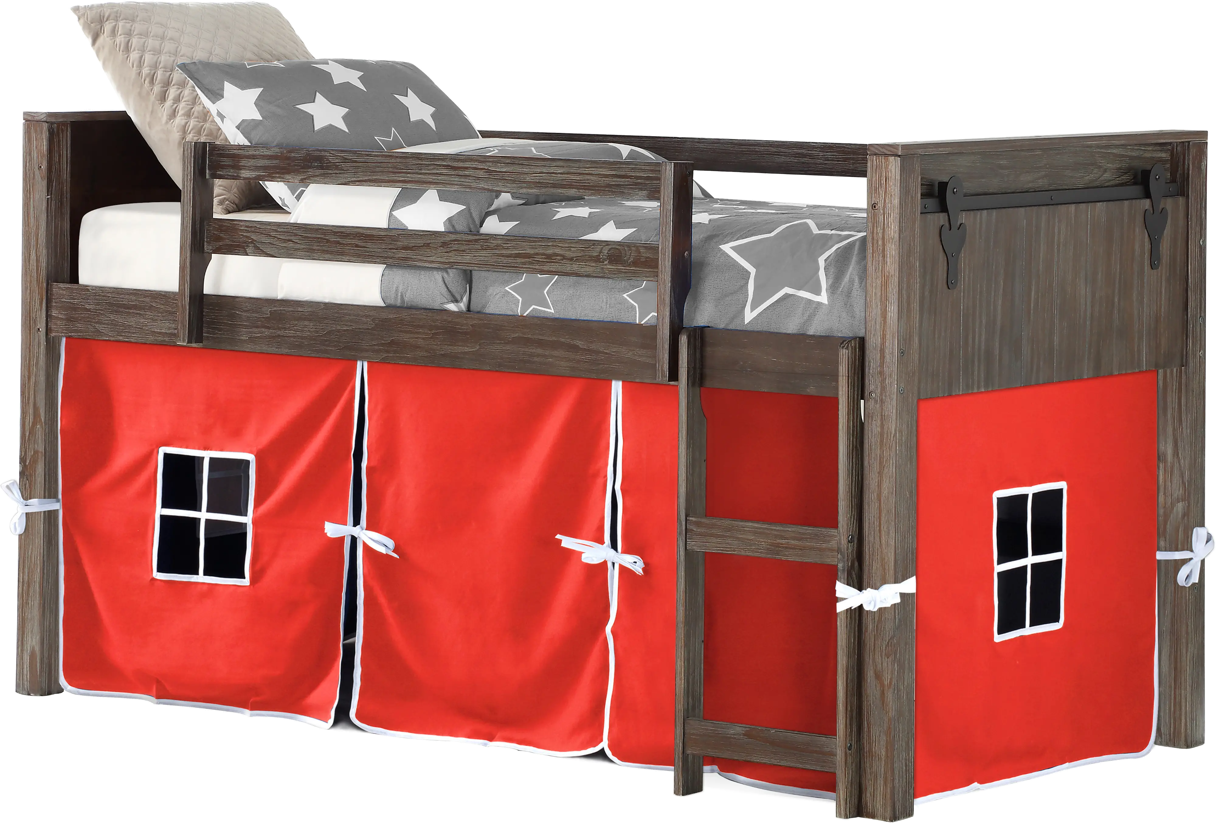 Brushed Brown Twin Loft Bed with Red Tent - Barn Door-1