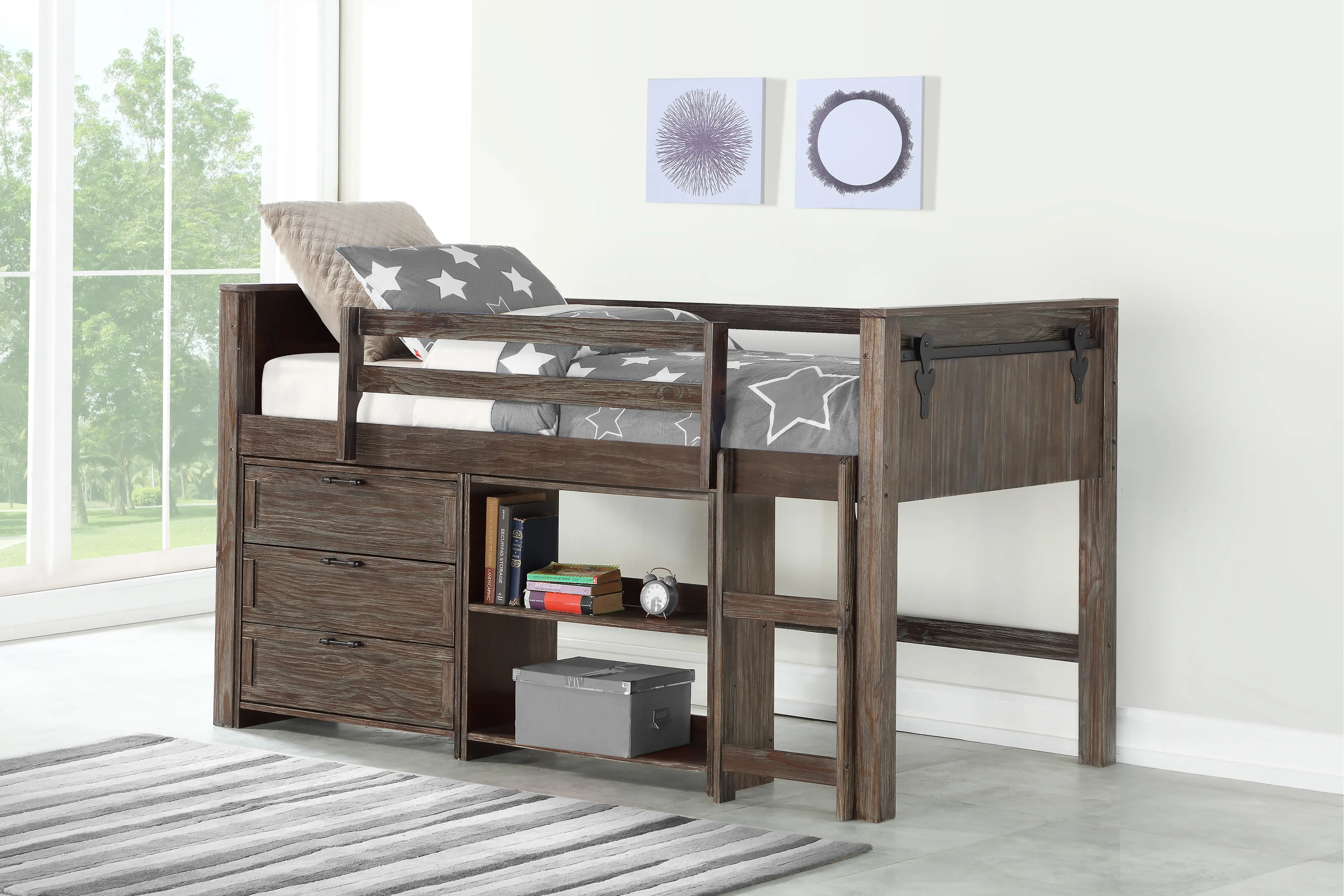 Brown Twin Low Loft Bed Style C - Barn Door-2