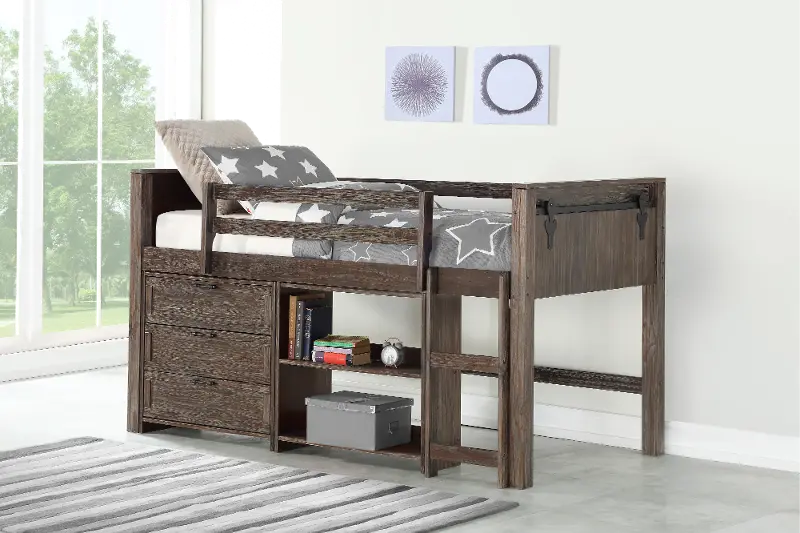 Brown Twin Low Loft Bed Style C - Barn Door