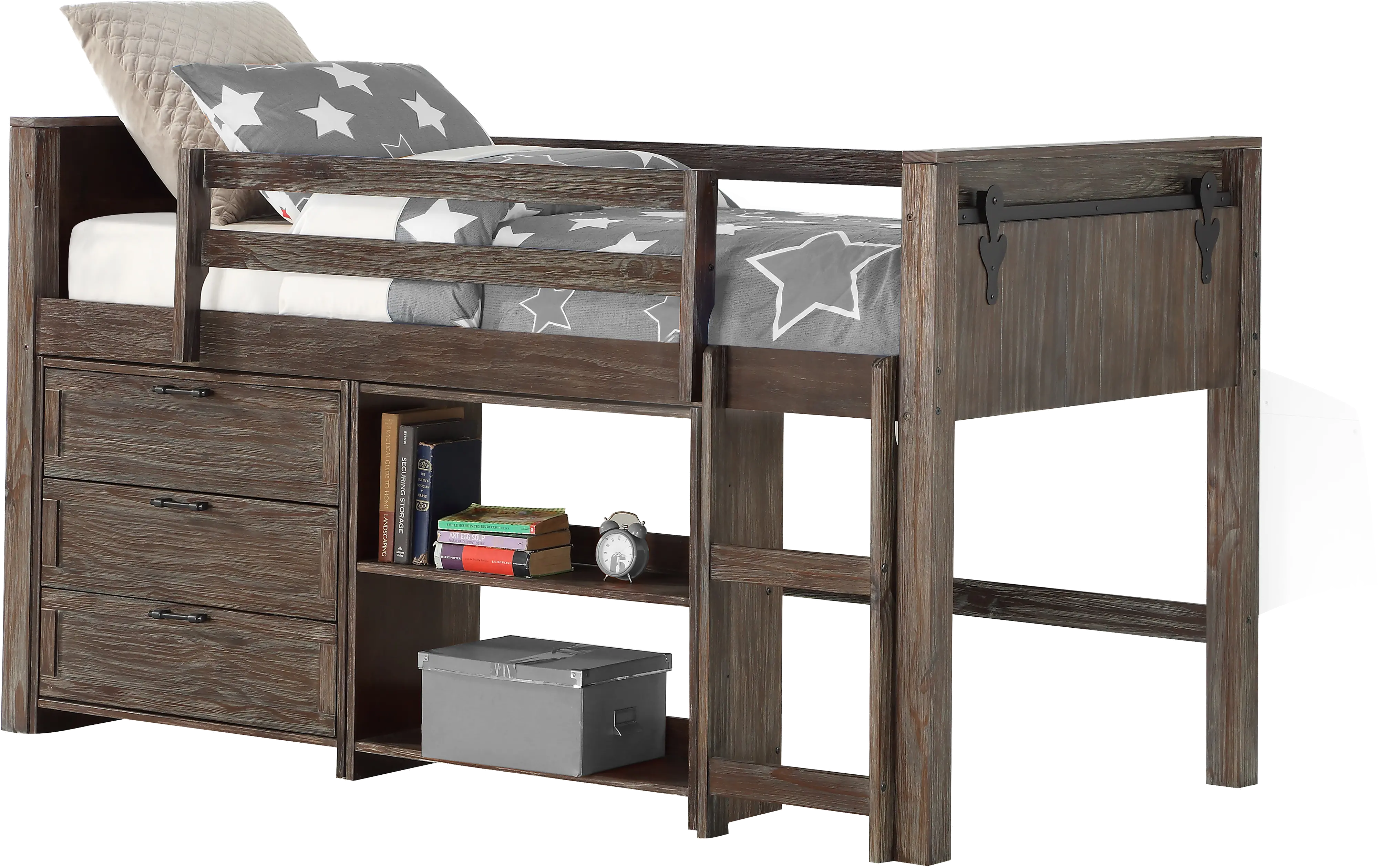 Brown Twin Low Loft Bed Style C - Barn Door-1