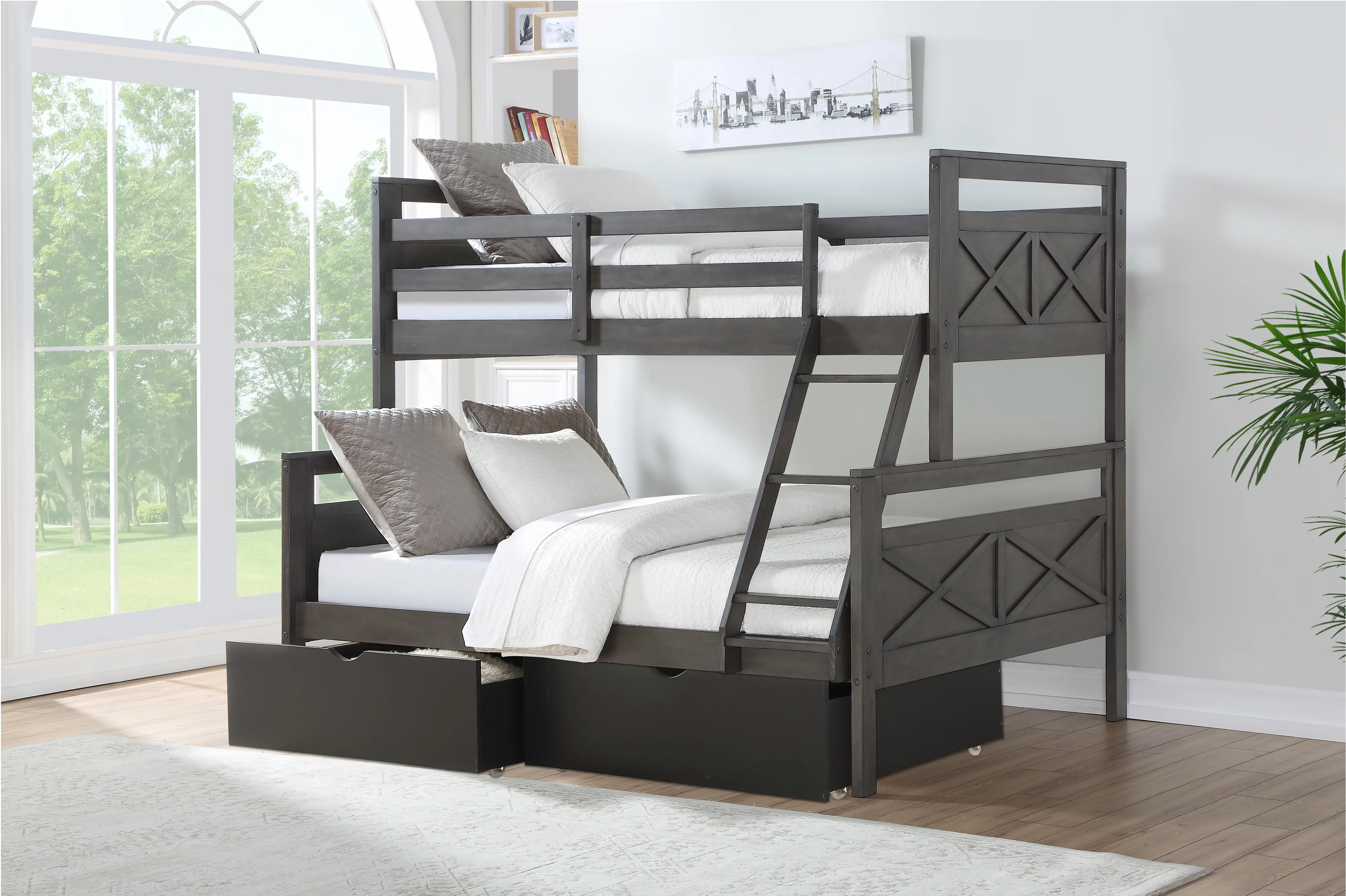 Rustic Gray Twin over Full Bunk Bed with Storage Drawers-1