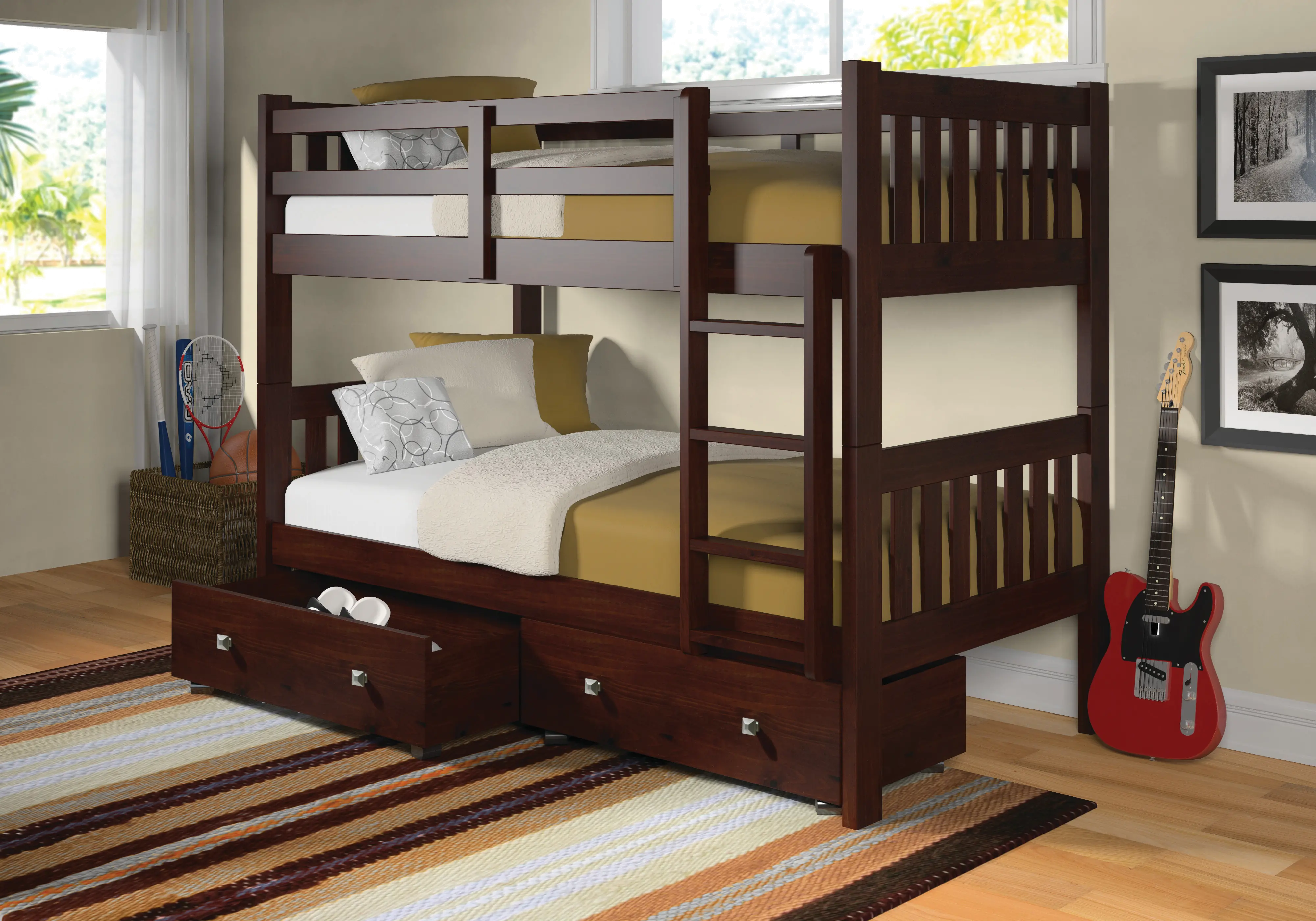 Classic Brown Twin Bunk Bed with Storage Drawers - Mission-1