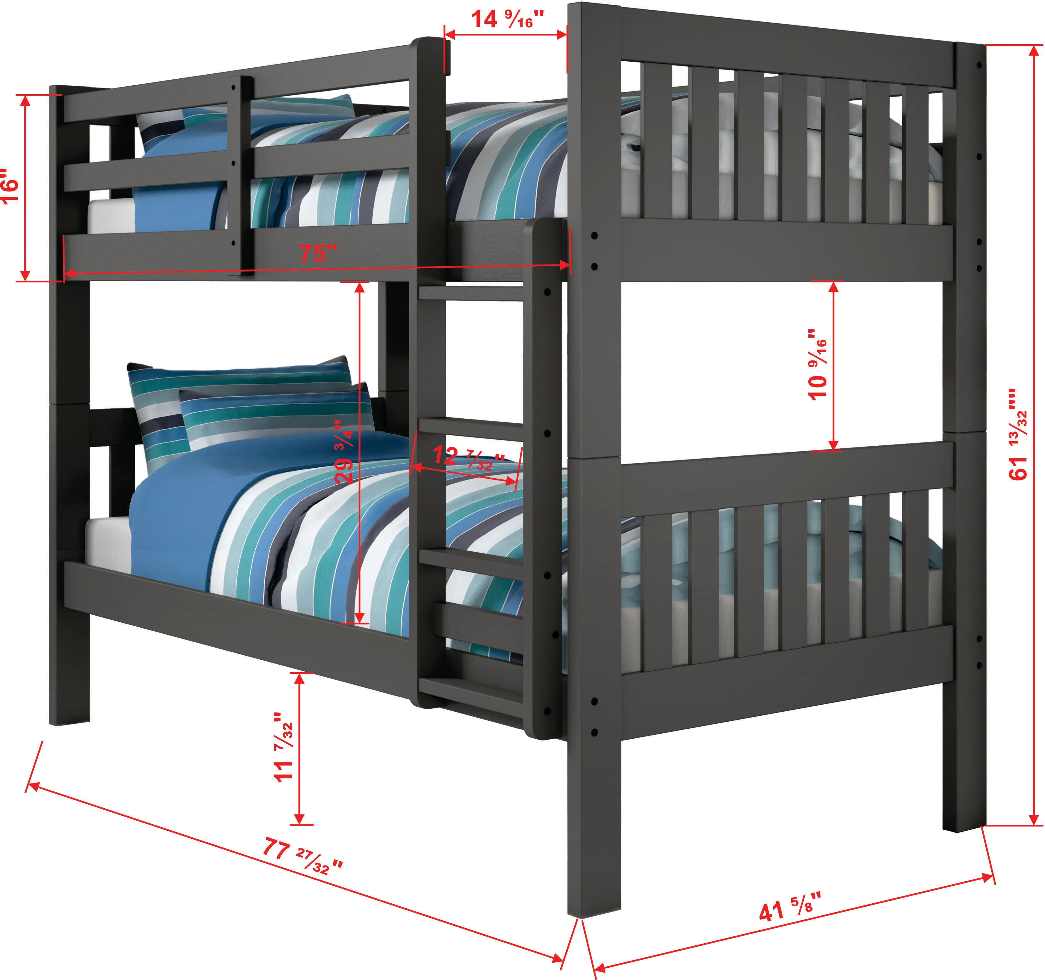 Classic Gray Twin over Twin Bunk Bed - Mission-3