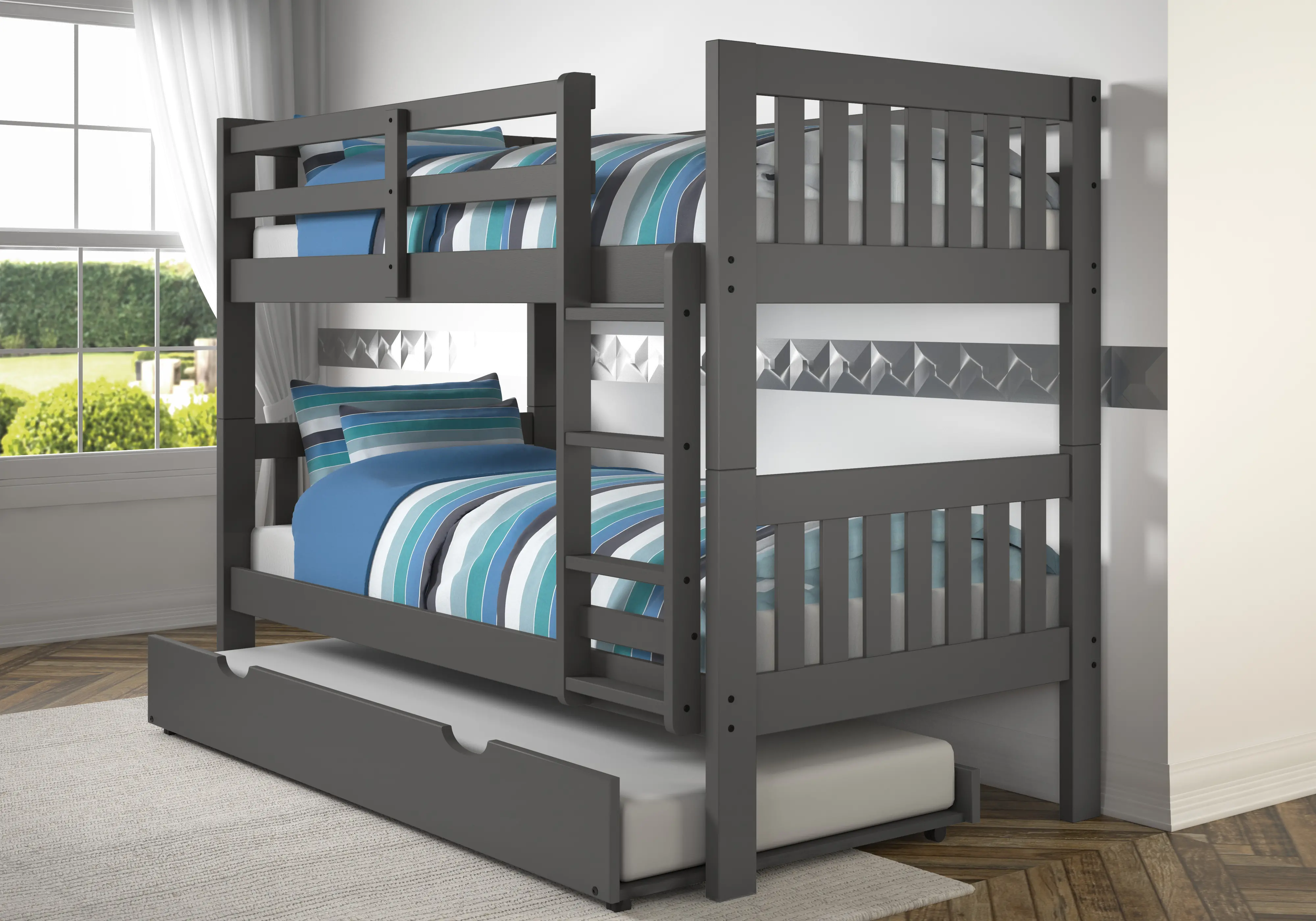 Classic Gray Twin Bunk Bed with Trundle - Mission-1
