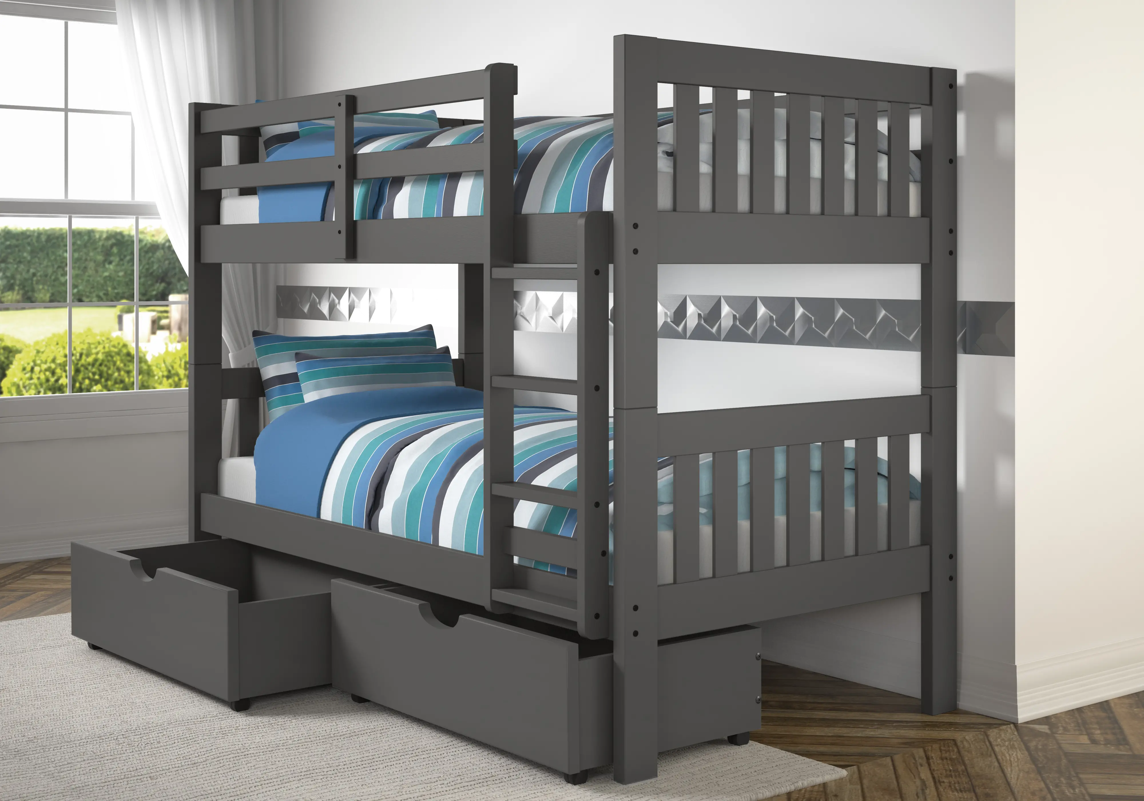 Classic Gray Twin Bunk Bed with Storage Drawers - Mission-1