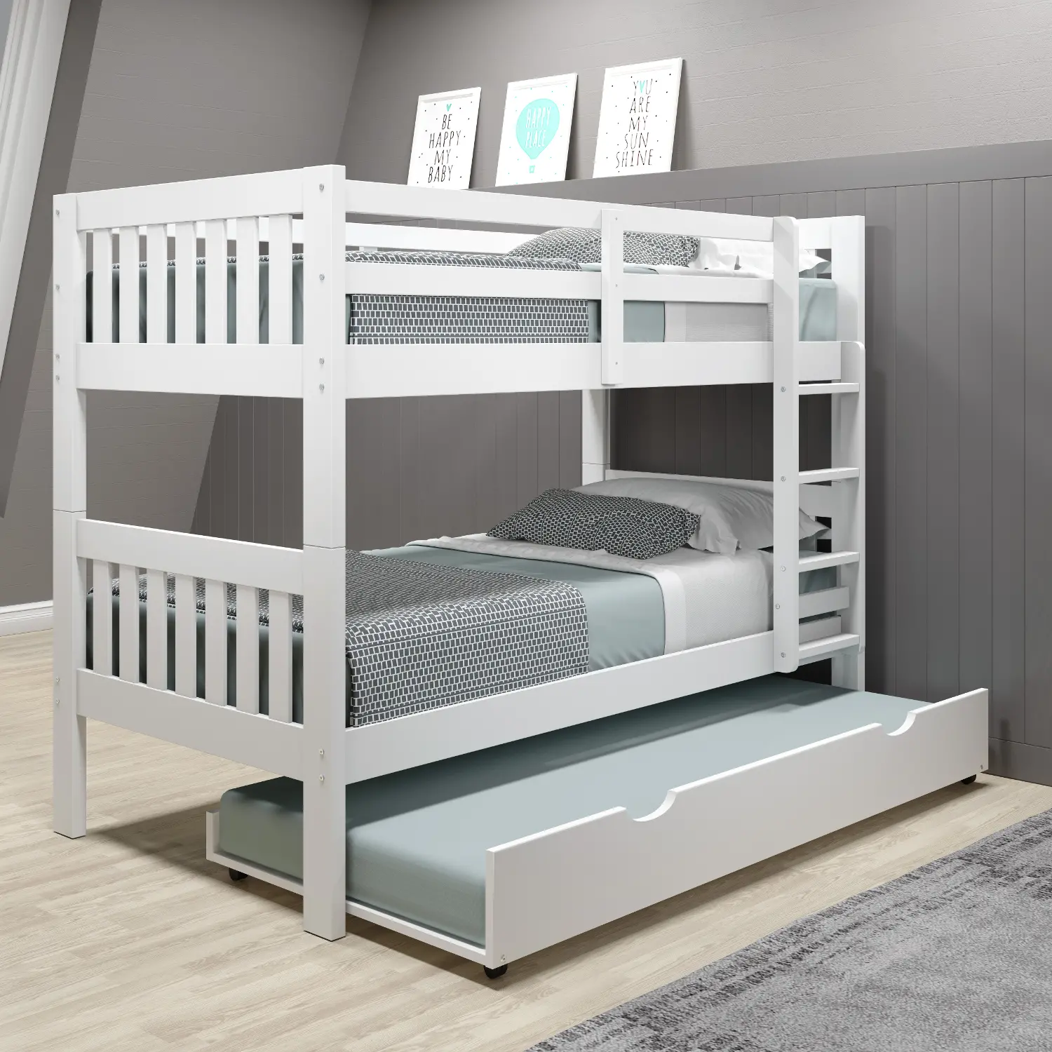 Classic White Twin Bunk Bed with Trundle - Mission-1