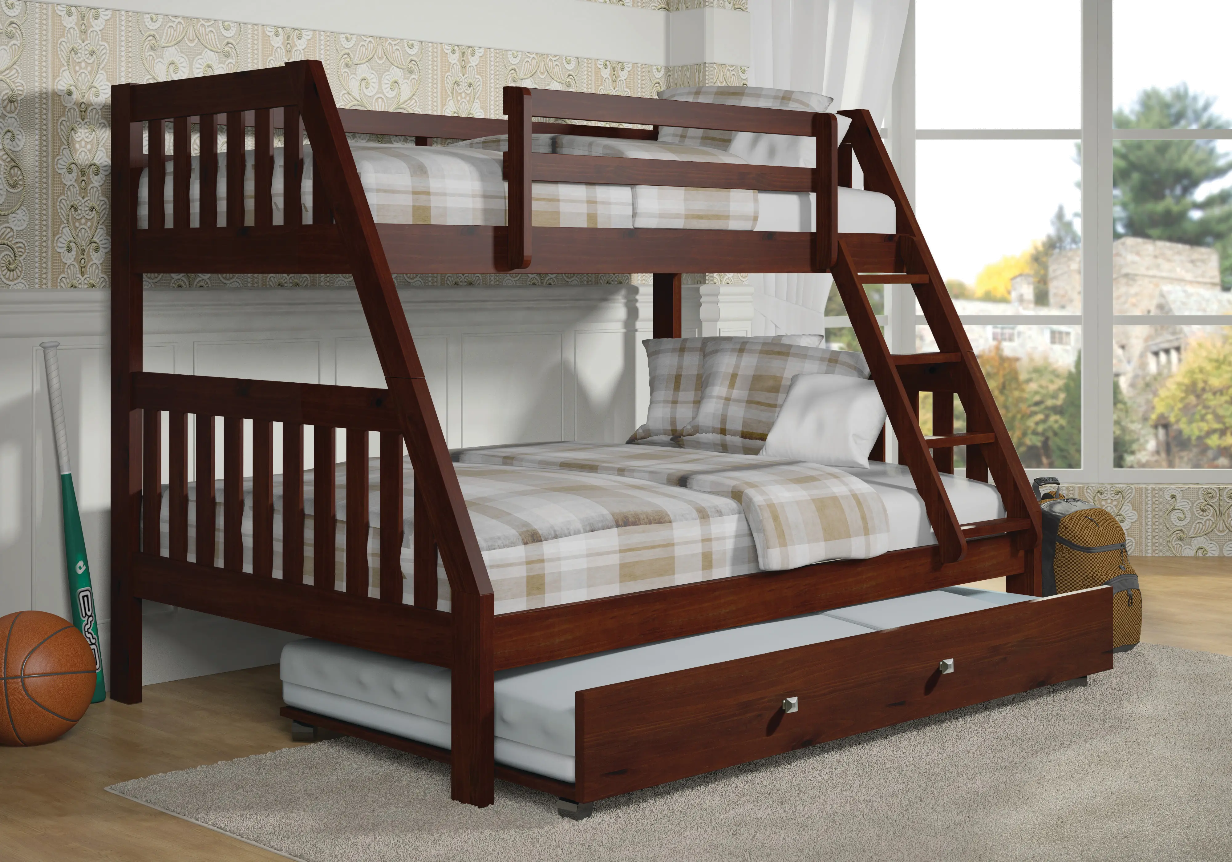 Classic Brown Twin over Full Bunk Bed with Trundle - Mission-1