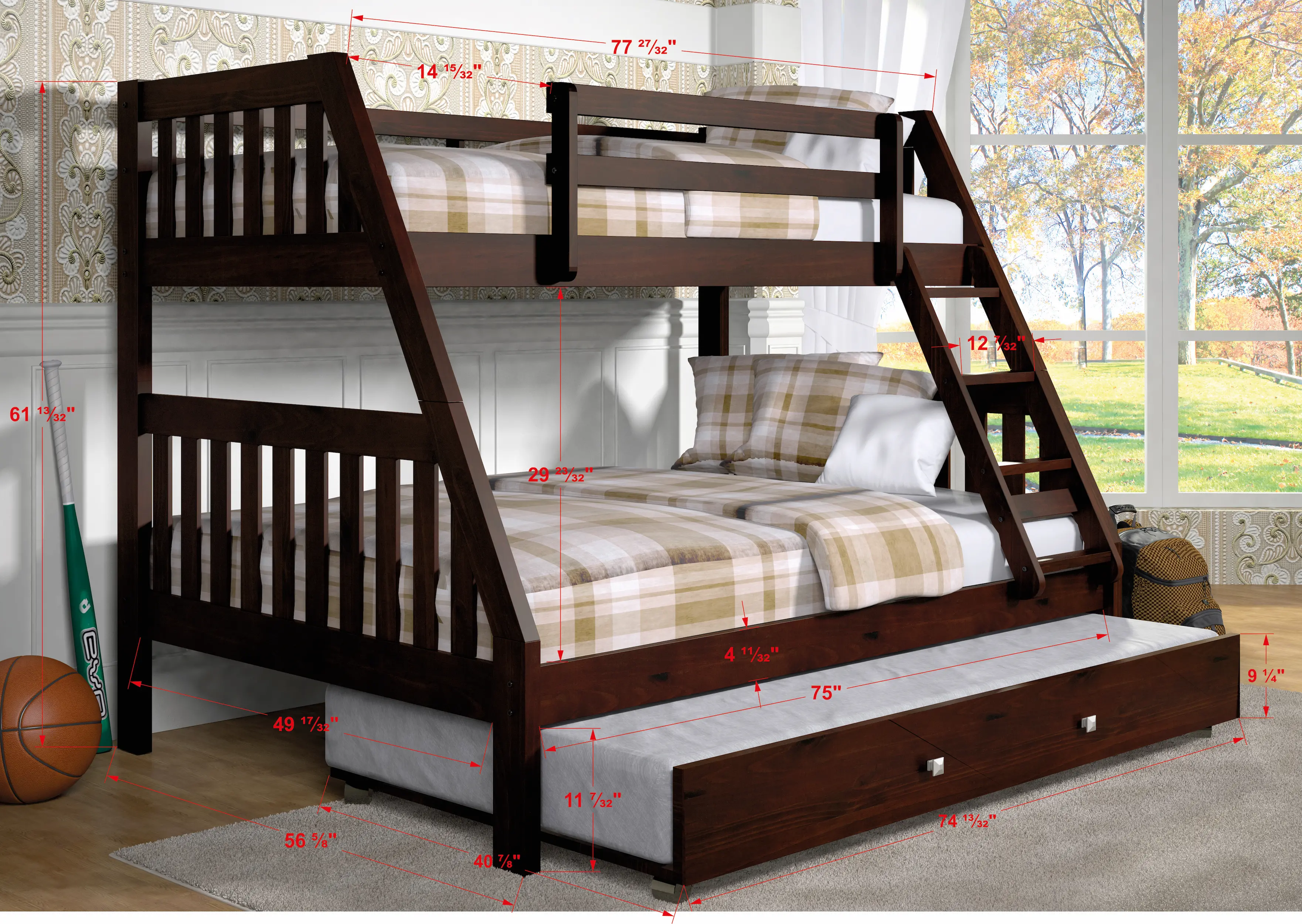 Classic Brown Twin over Full Bunk Bed with Trundle - Mission-2