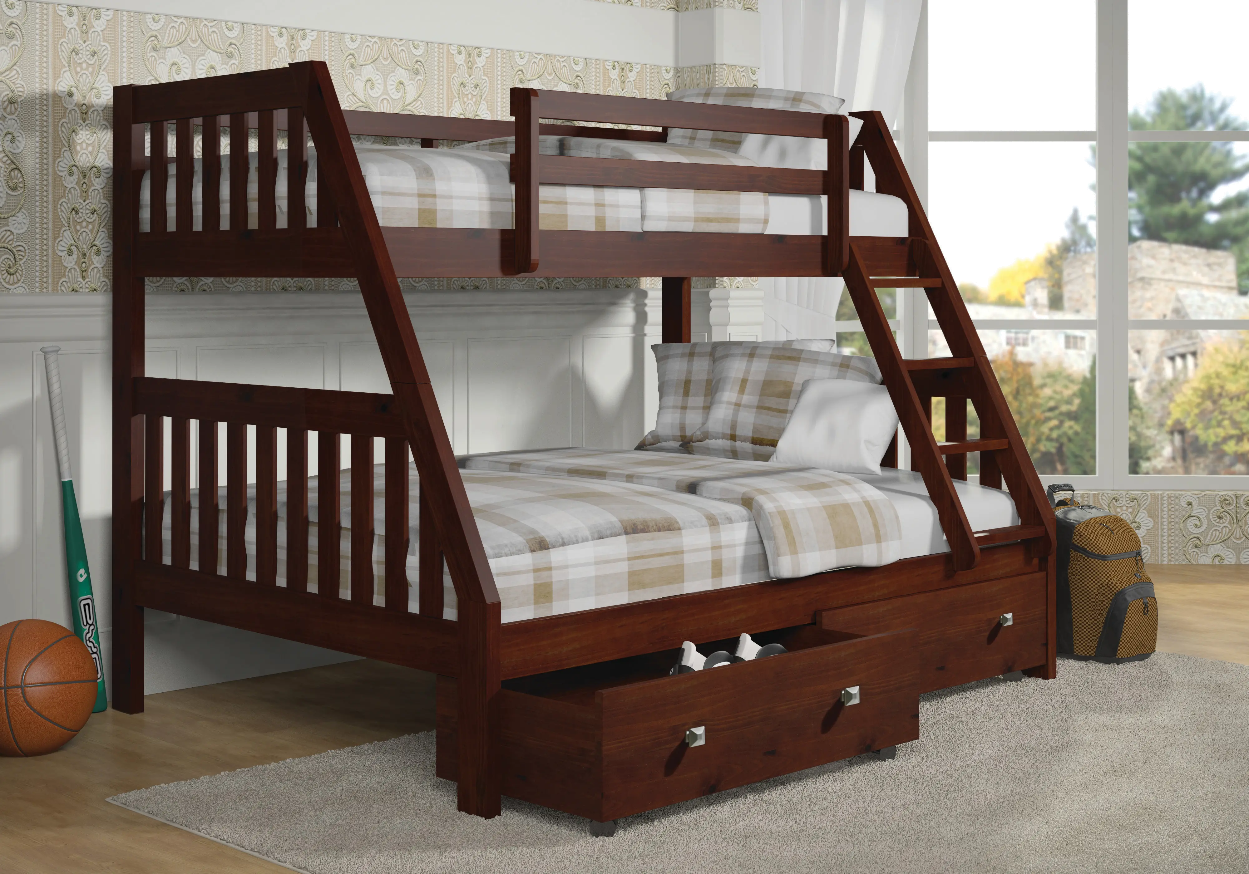 Brown Twin over Full Bunk Bed with Storage Drawers - Mission-1