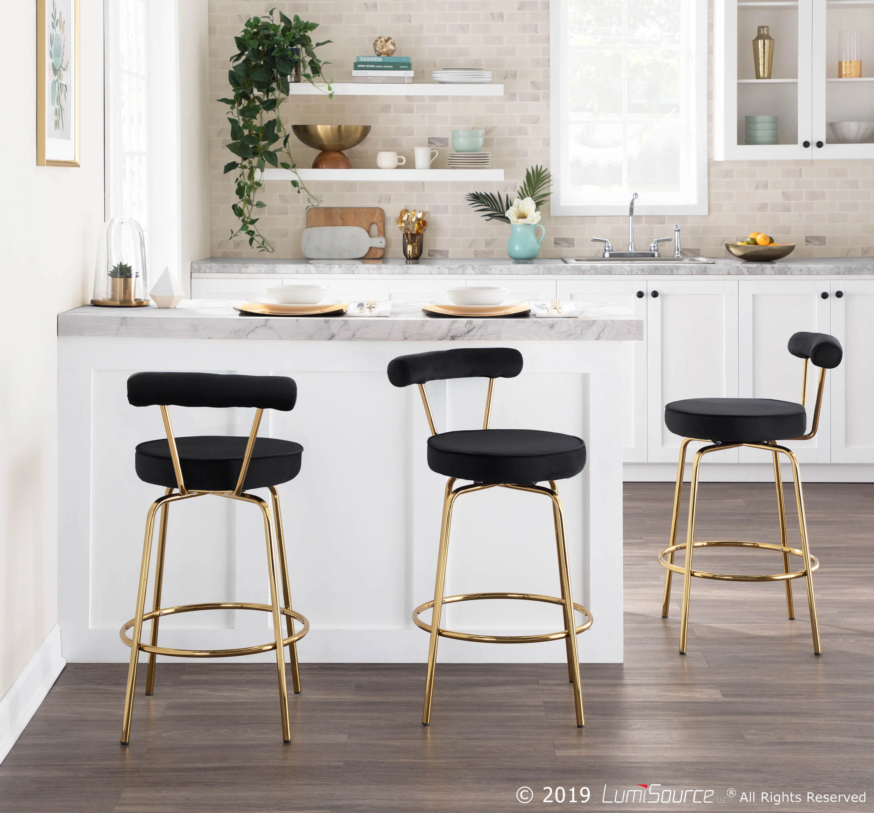 B26-RHONDA AUBK2 Contemporary Black and Gold Swivel Counter Height Stool (Set of 2) - Rhonda-2