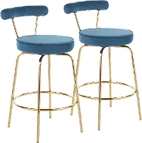 B26-RHONDA AUBU2 Contemporary Blue and Gold Swivel Counter Height Stool (Set of 2) - Rhonda