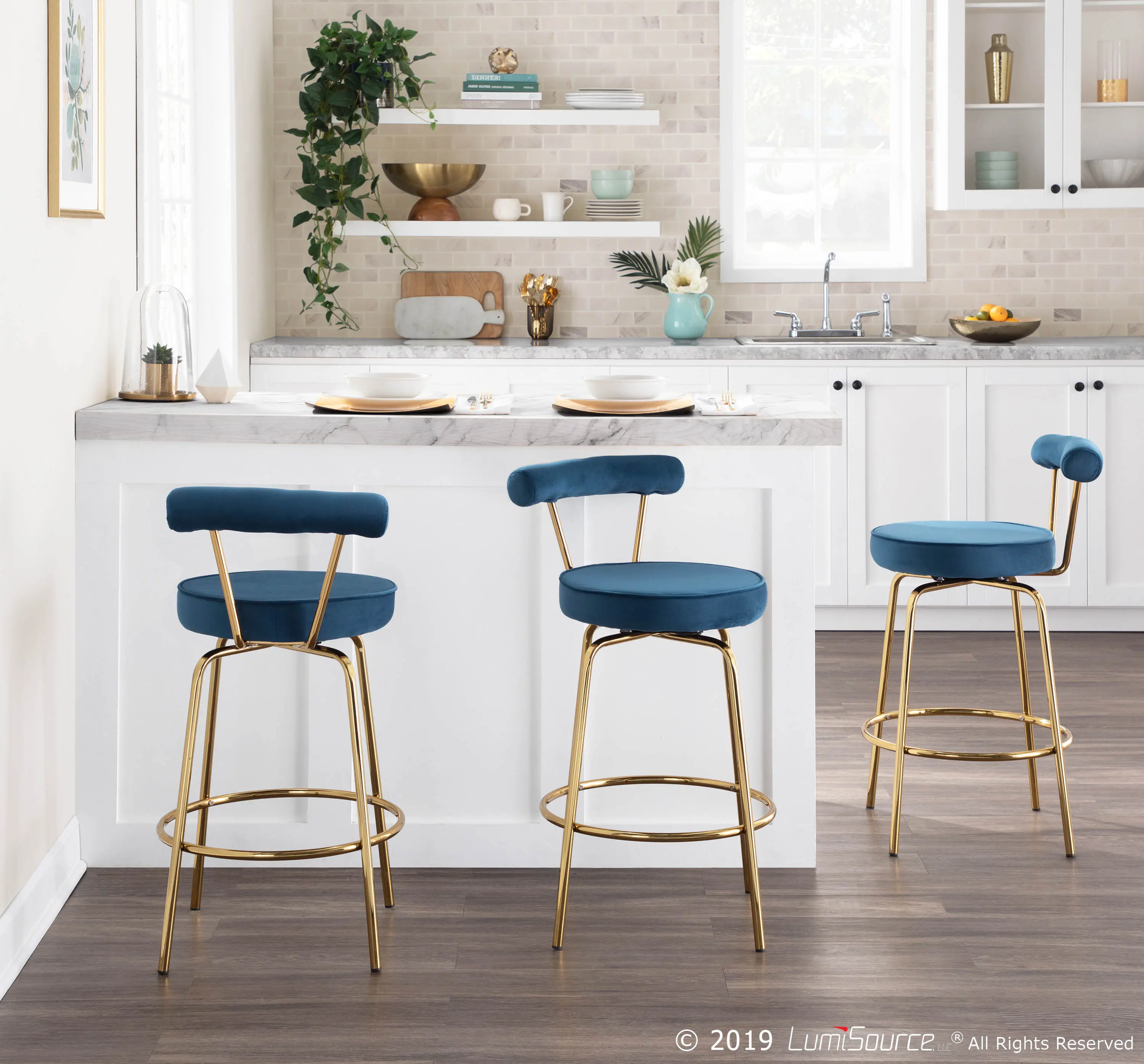 B26-RHONDA AUBU2 Contemporary Blue and Gold Swivel Counter Height Stool (Set of 2) - Rhonda-2
