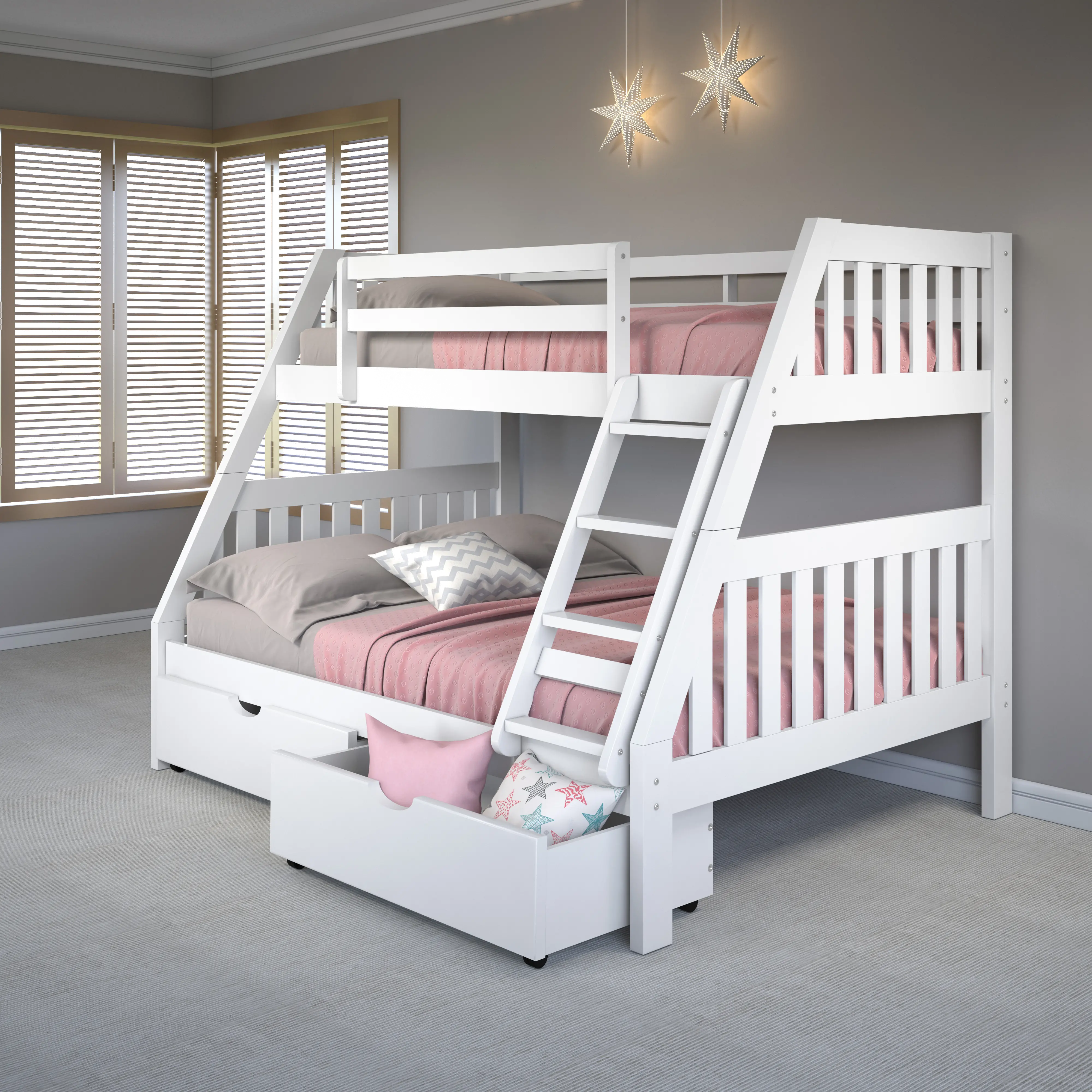 White Twin over Full Bunk Bed with Storage Drawers - Mission-1
